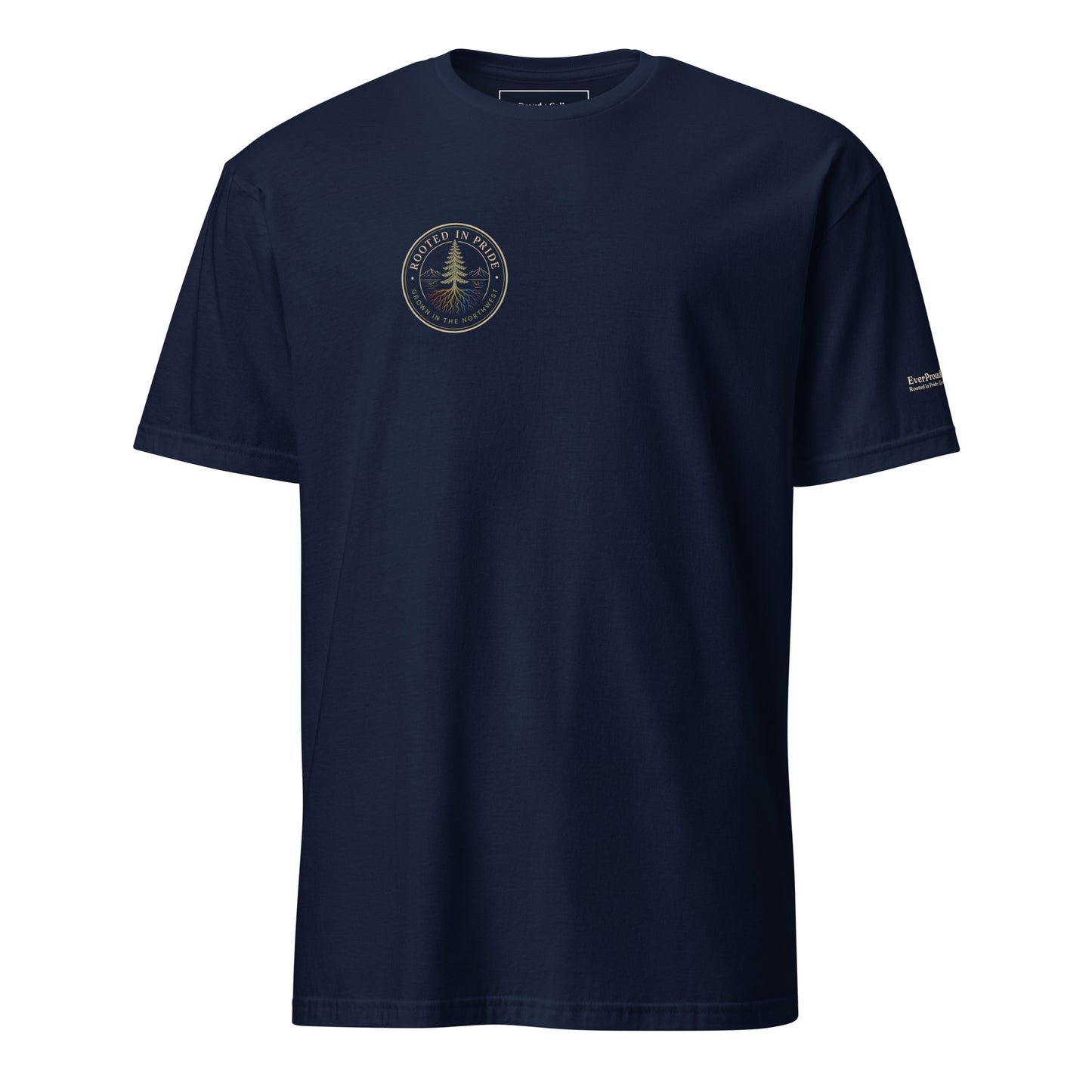Beneath the Canopy T-Shirt — navy, front view, queer-owned PNW Pride apparel
