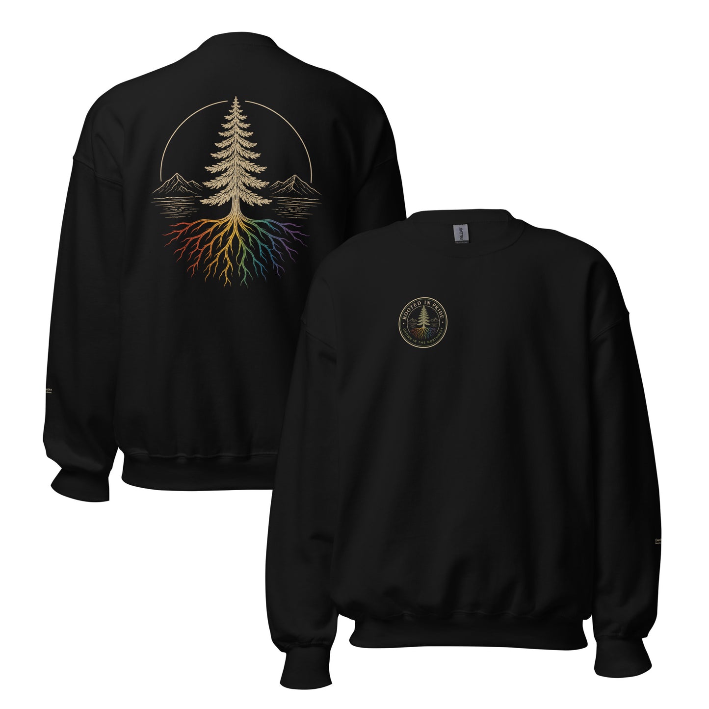 Beneath the Canopy Sweatshirt — black, front and back view, queer-owned PNW Pride apparel