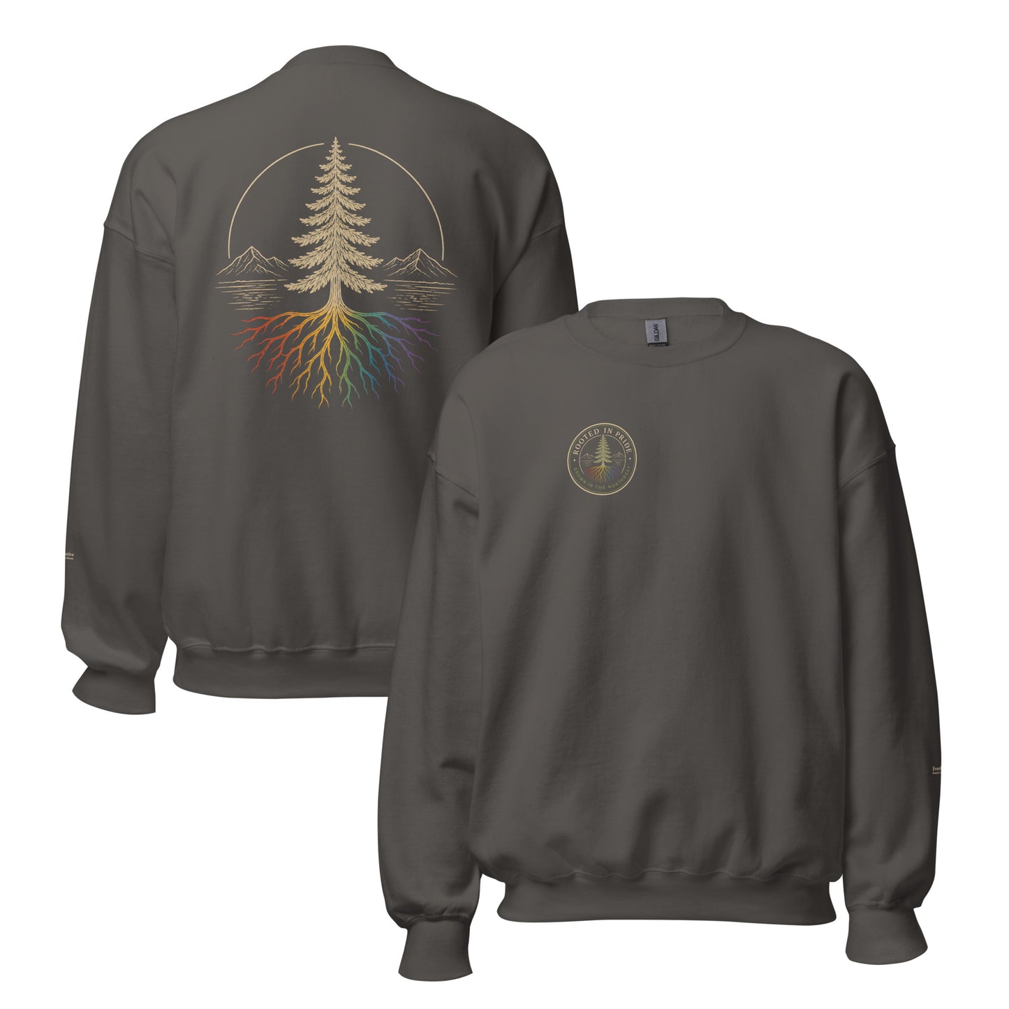 Beneath the Canopy Sweatshirt — charcoal, front and back view, queer-owned PNW Pride apparel