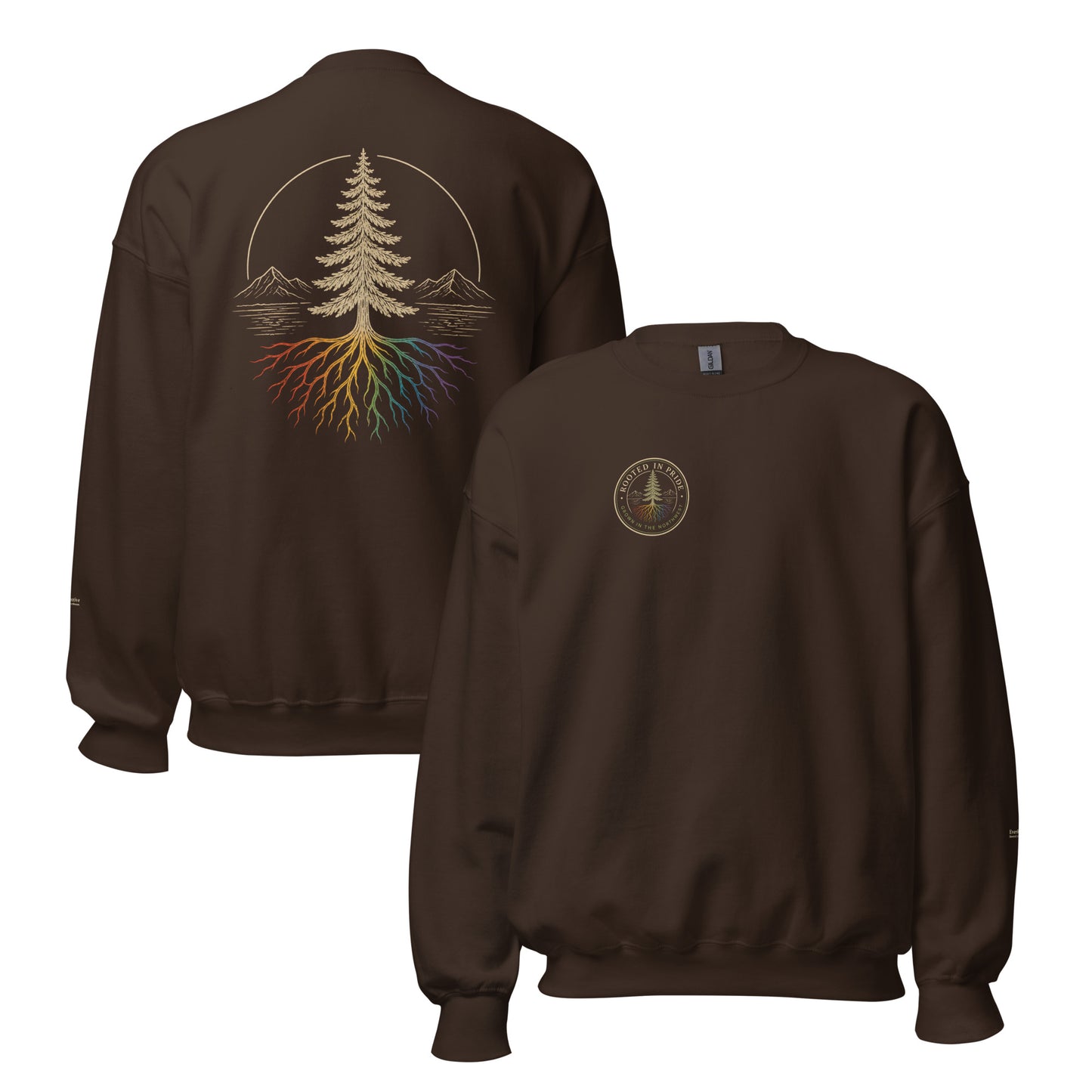 Beneath the Canopy Sweatshirt — dark chocolate, front and back view, queer-owned PNW Pride apparel