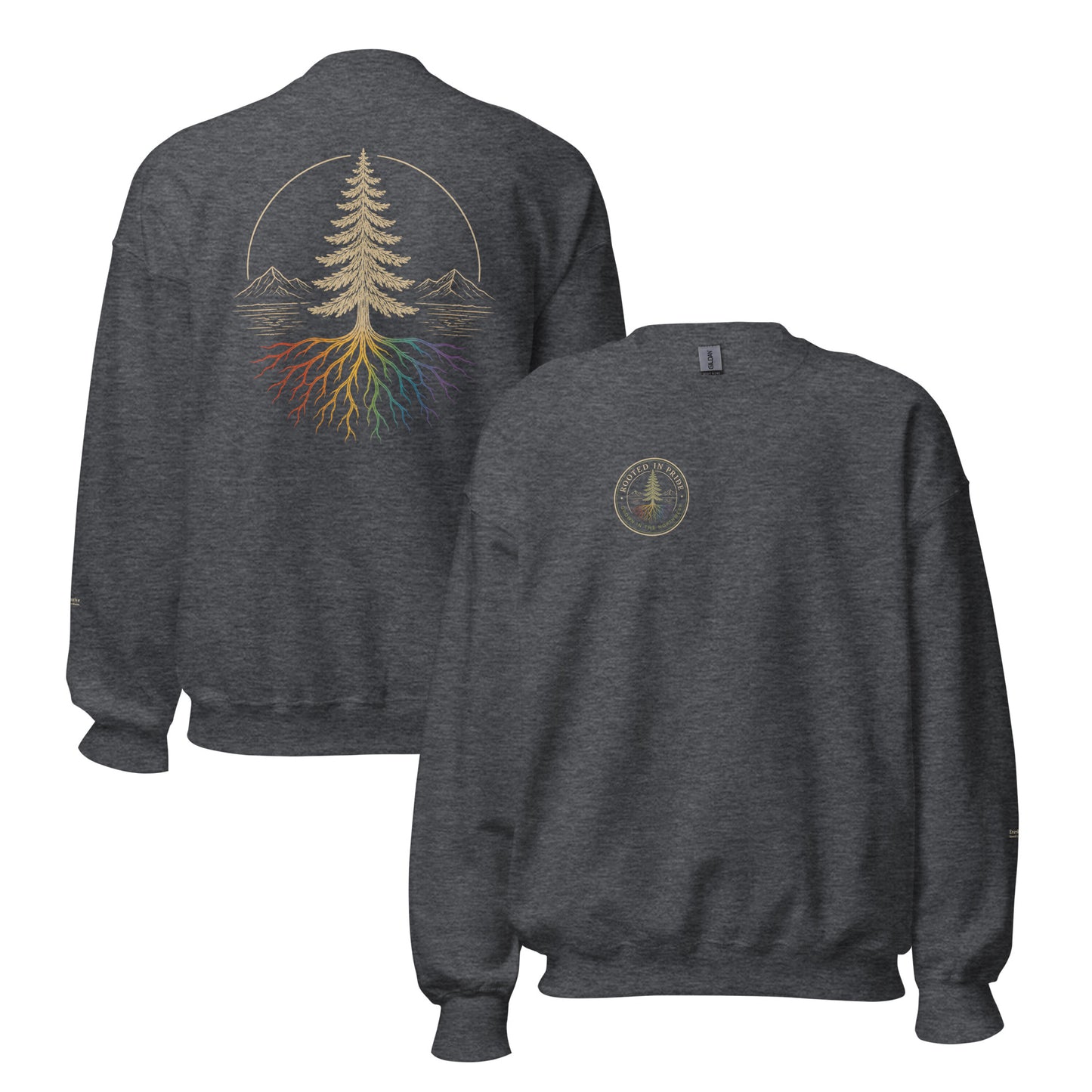 Beneath the Canopy Sweatshirt — dark heather, front and back view, queer-owned PNW Pride apparel