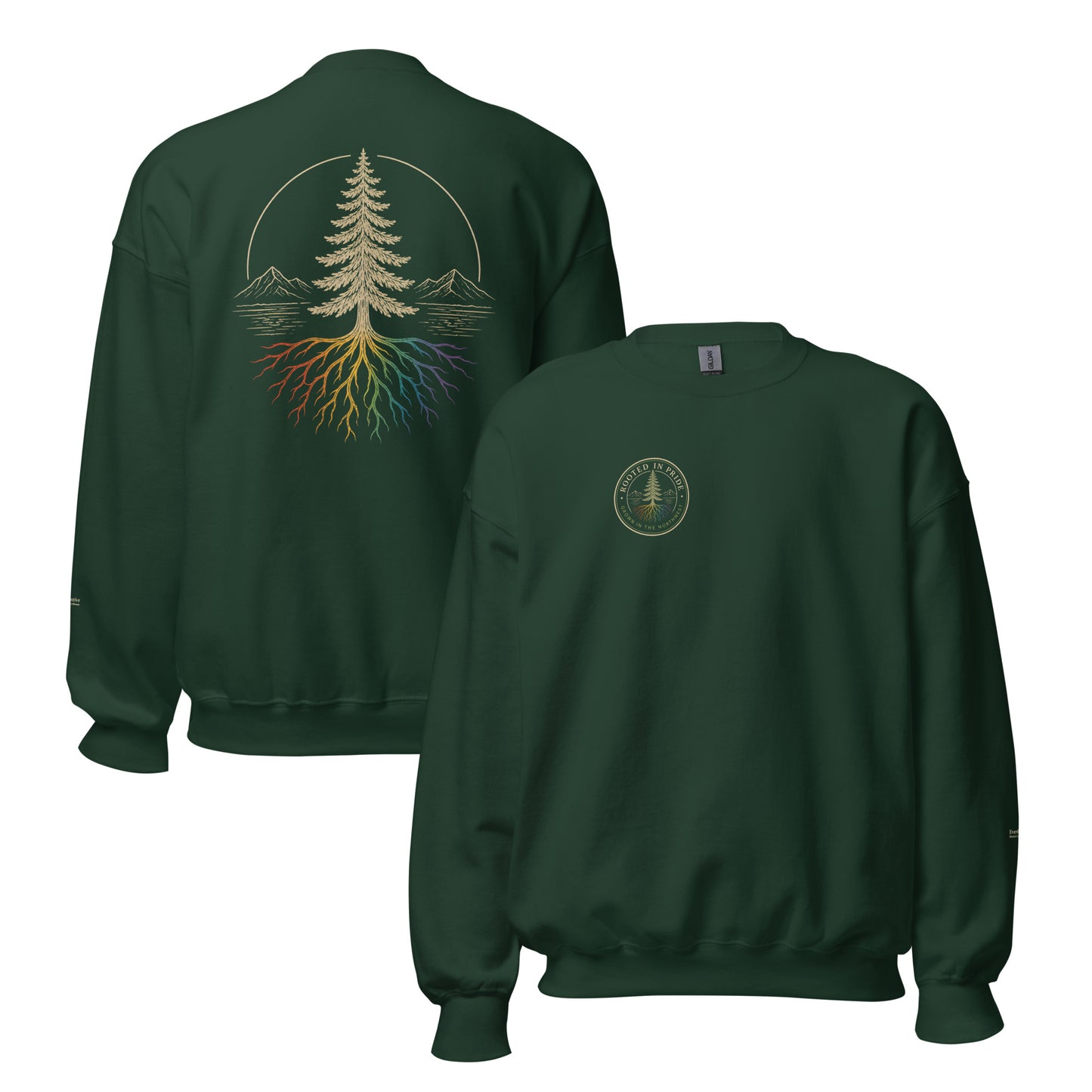 Beneath the Canopy Sweatshirt — forest green, front and back view, queer-owned PNW Pride apparel