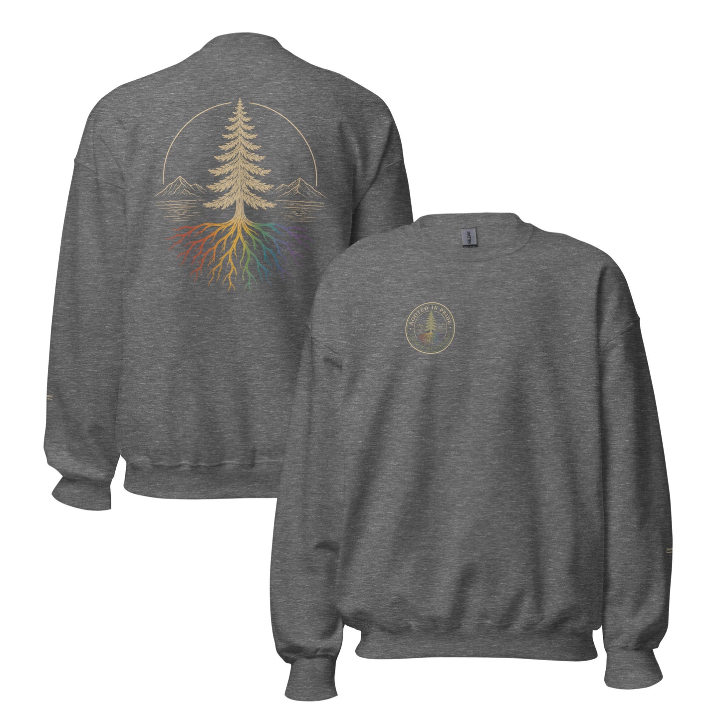 Beneath the Canopy Sweatshirt — graphite heather, front and back view, queer-owned PNW Pride apparel
