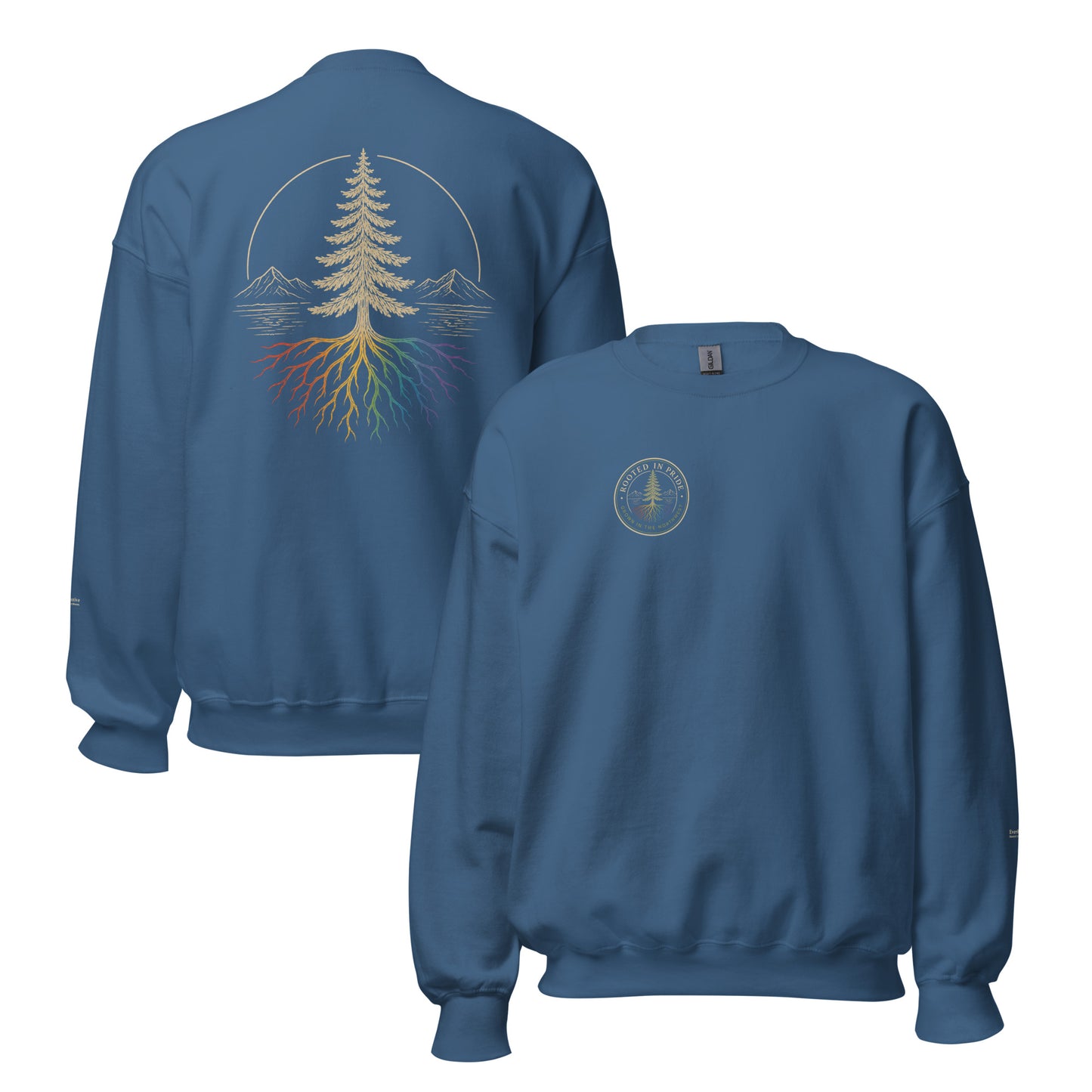 Beneath the Canopy Sweatshirt — indigo blue, front and back view, queer-owned PNW Pride apparel