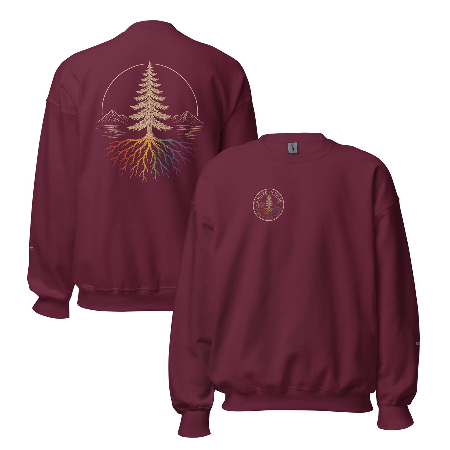 Beneath the Canopy Sweatshirt — maroon, front and back view, queer-owned PNW Pride apparel