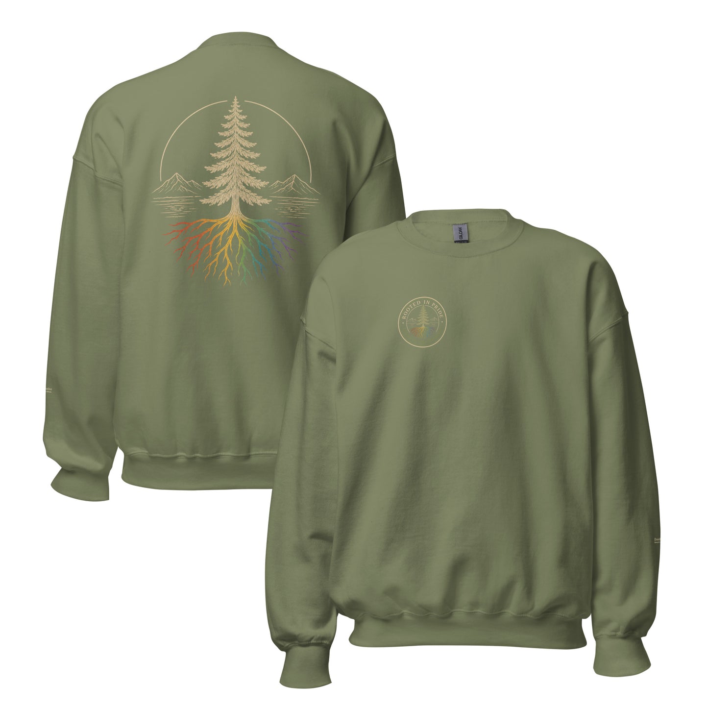 Beneath the Canopy Sweatshirt — military green, front and back view, queer-owned PNW Pride apparel