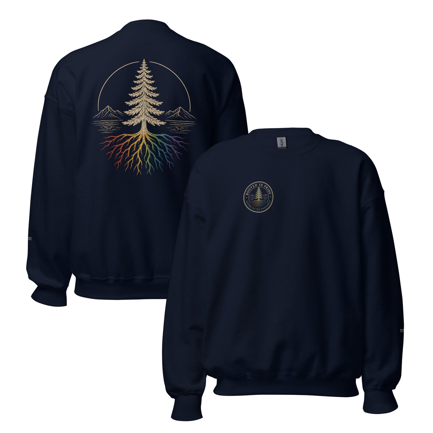 Beneath the Canopy Sweatshirt — navy, front and back view, queer-owned PNW Pride apparel