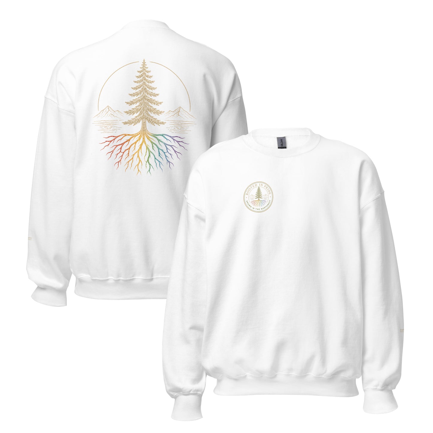 Beneath the Canopy Sweatshirt — white, front and back view, queer-owned PNW Pride apparel