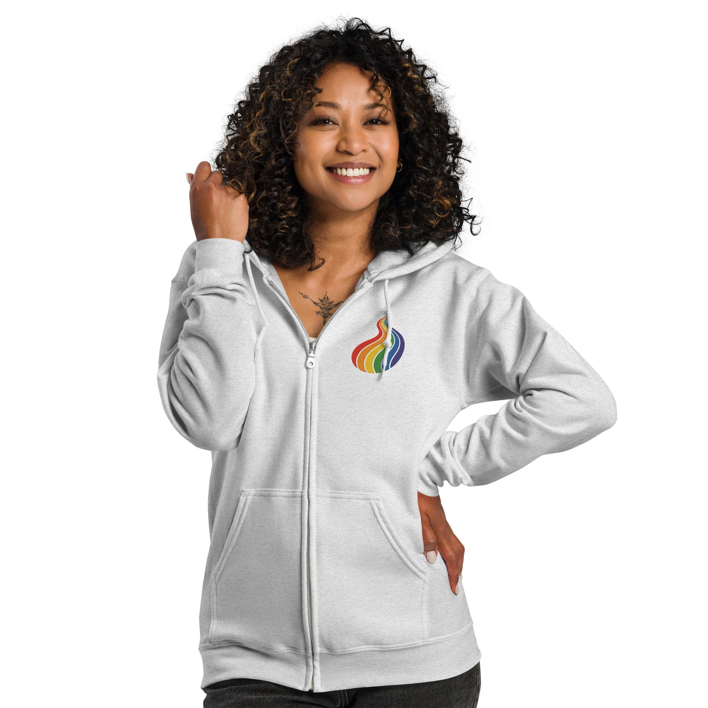 ProudPath Zip Hoodie — ash, front view, queer-owned PNW Pride apparel