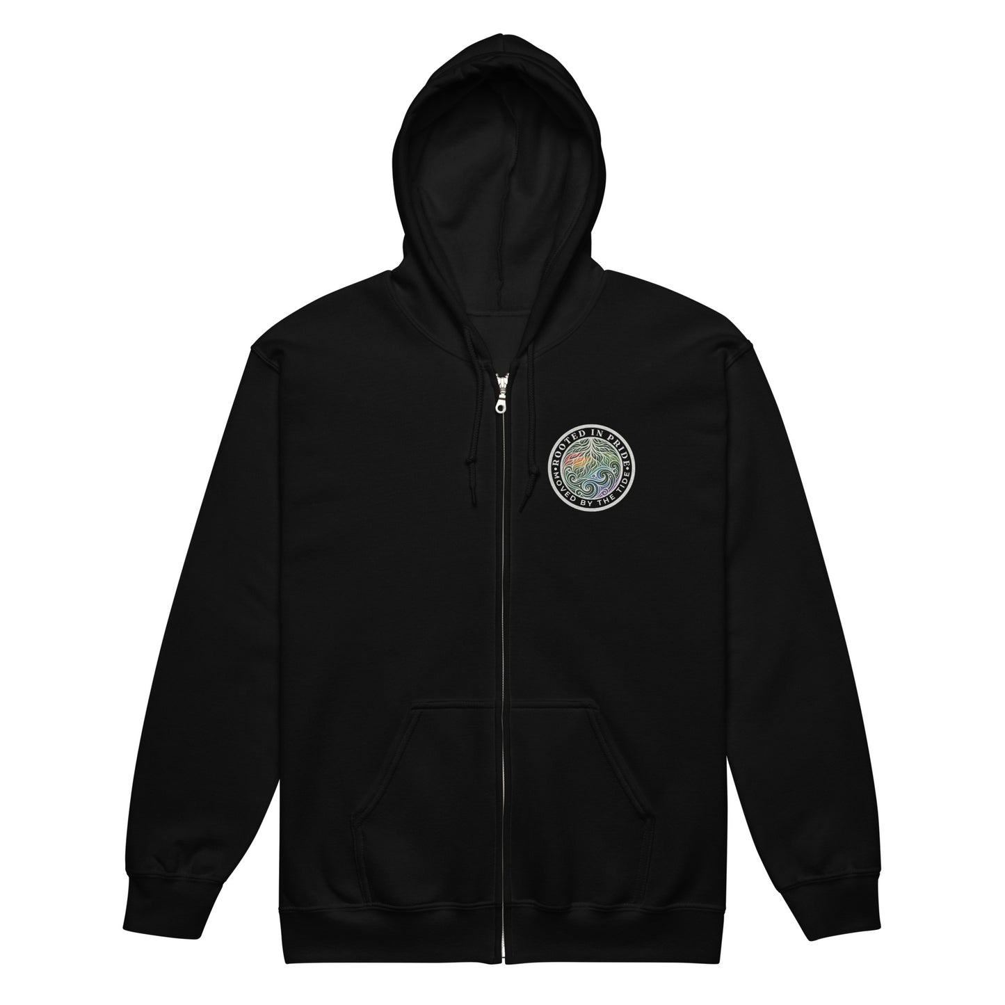Moved by the Tide Zip Hoodie — black, front view, queer-owned PNW Pride apparel