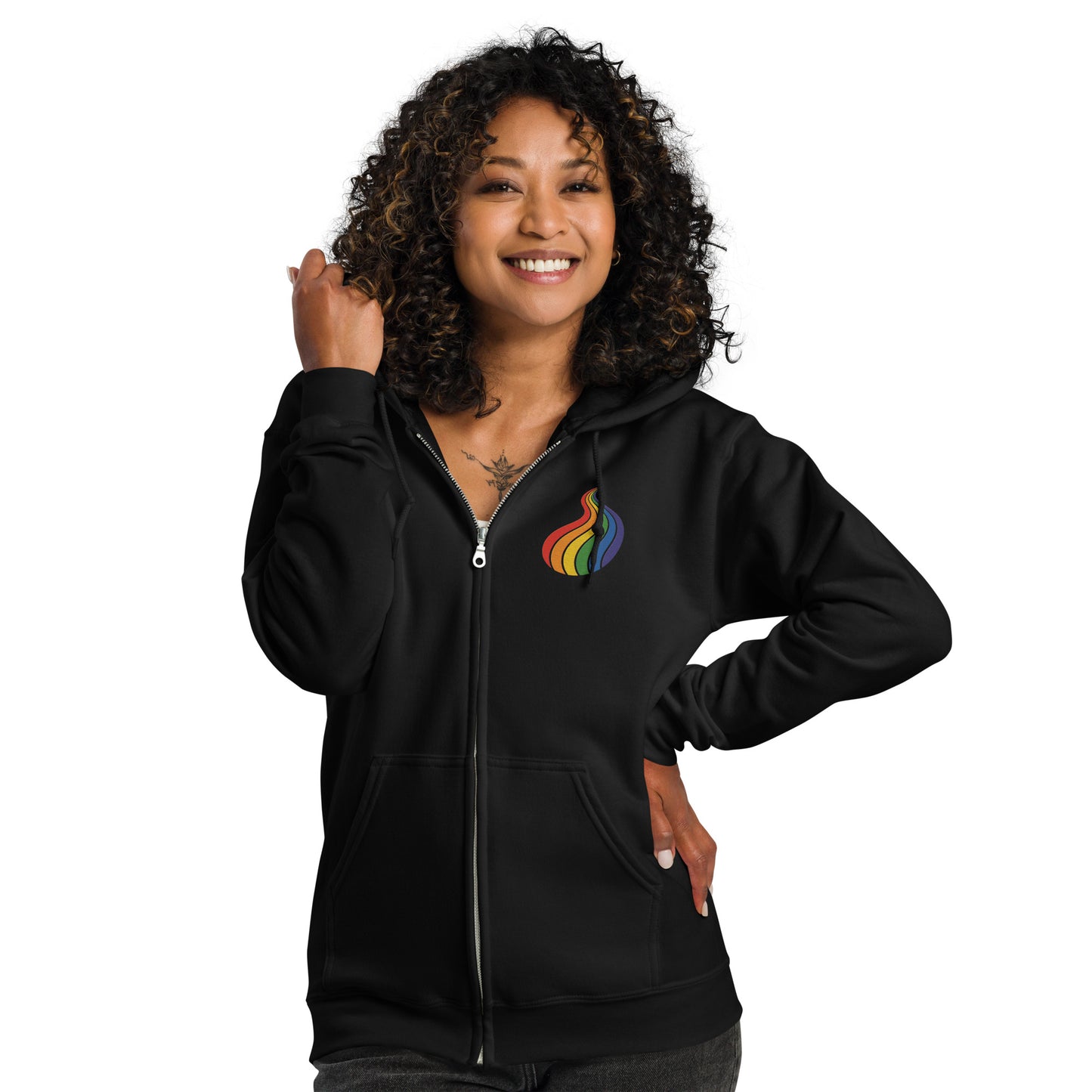ProudPath Zip Hoodie — black, front view, queer-owned PNW Pride apparel