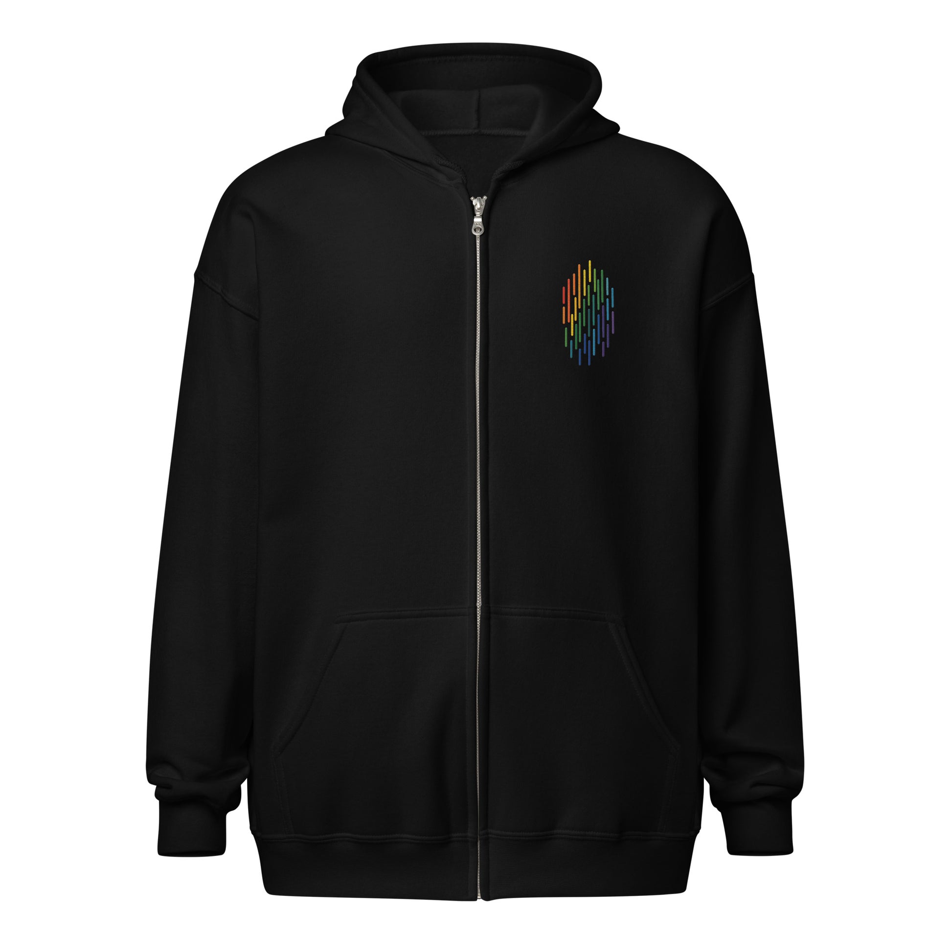 PrideFall Zip Hoodie — black, front view, queer-owned PNW Pride apparel