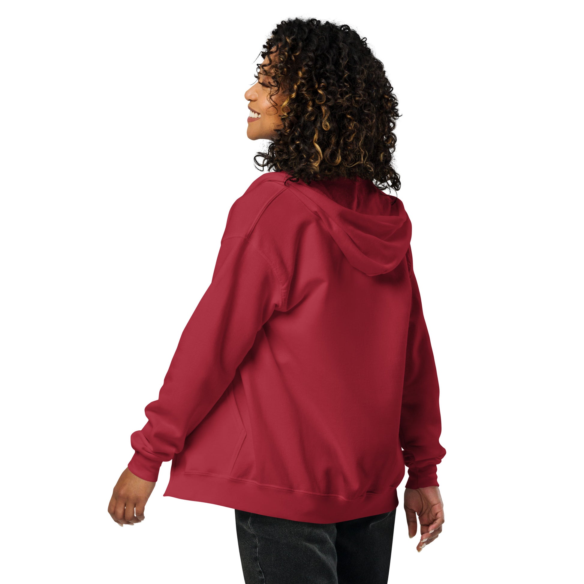 ProudPath Zip Hoodie — cardinal red, back view, queer-owned PNW Pride apparel