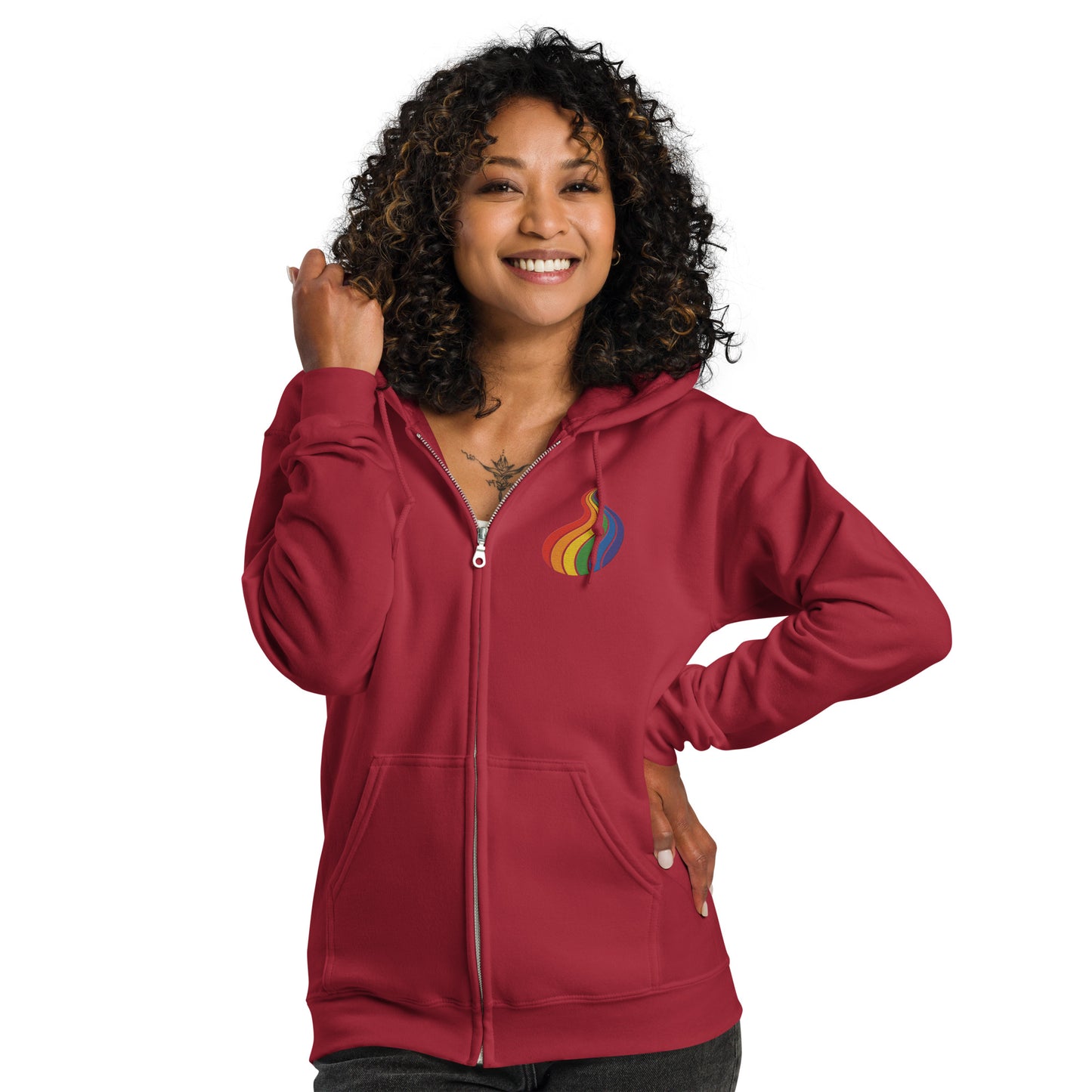 ProudPath Zip Hoodie — cardinal red, front view, queer-owned PNW Pride apparel