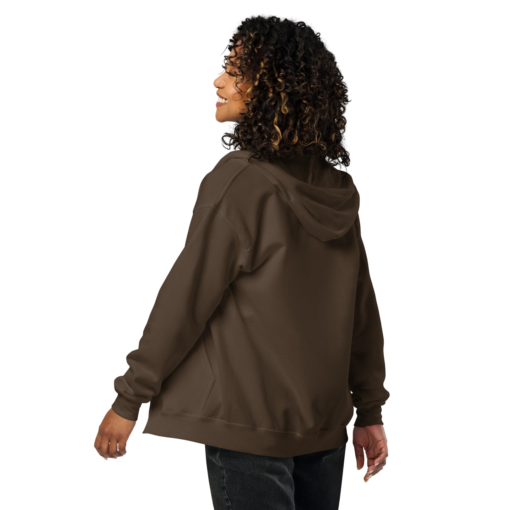 ProudPath Zip Hoodie — dark chocolate, back view, queer-owned PNW Pride apparel