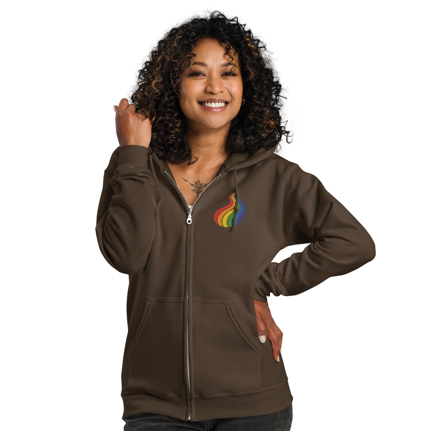 ProudPath Zip Hoodie — dark chocolate, front view, queer-owned PNW Pride apparel