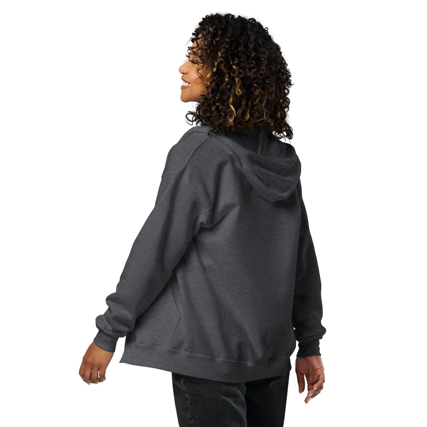 ProudPath Zip Hoodie — dark heather, back view, queer-owned PNW Pride apparel