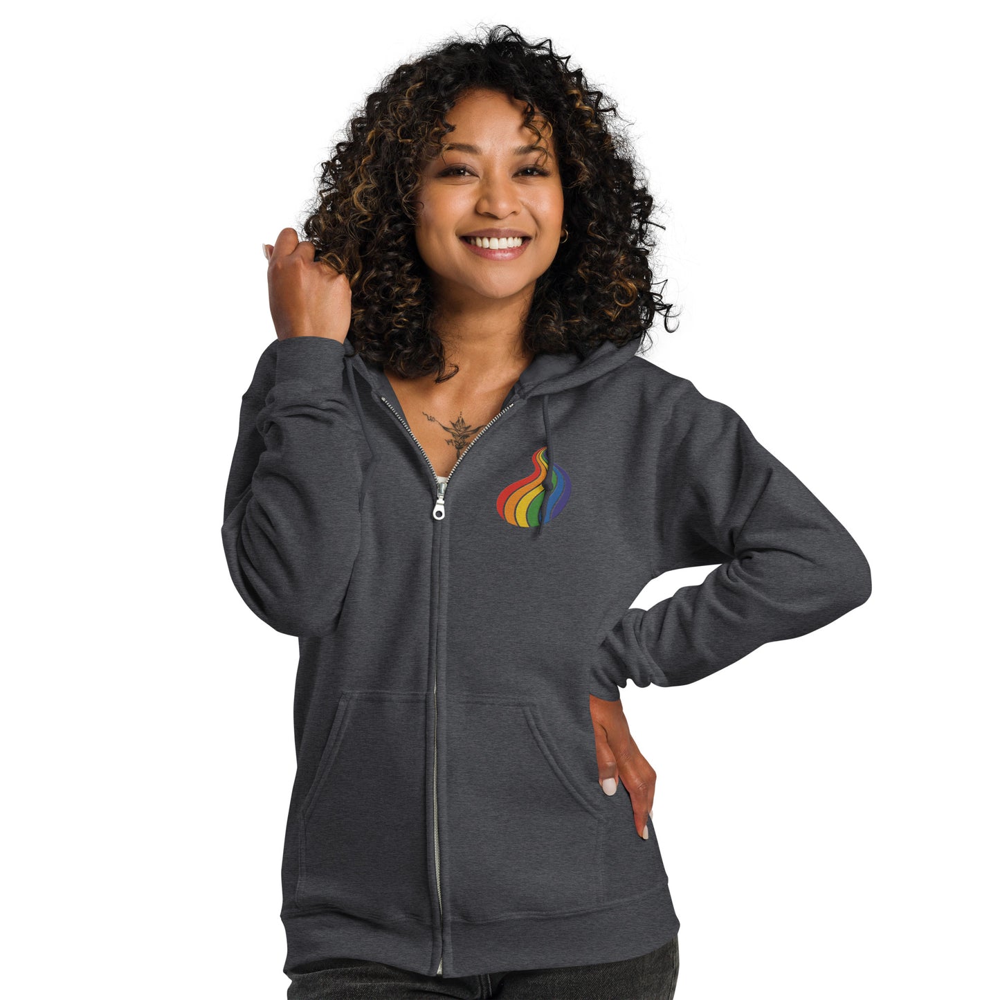 ProudPath Zip Hoodie — dark heather, front view, queer-owned PNW Pride apparel