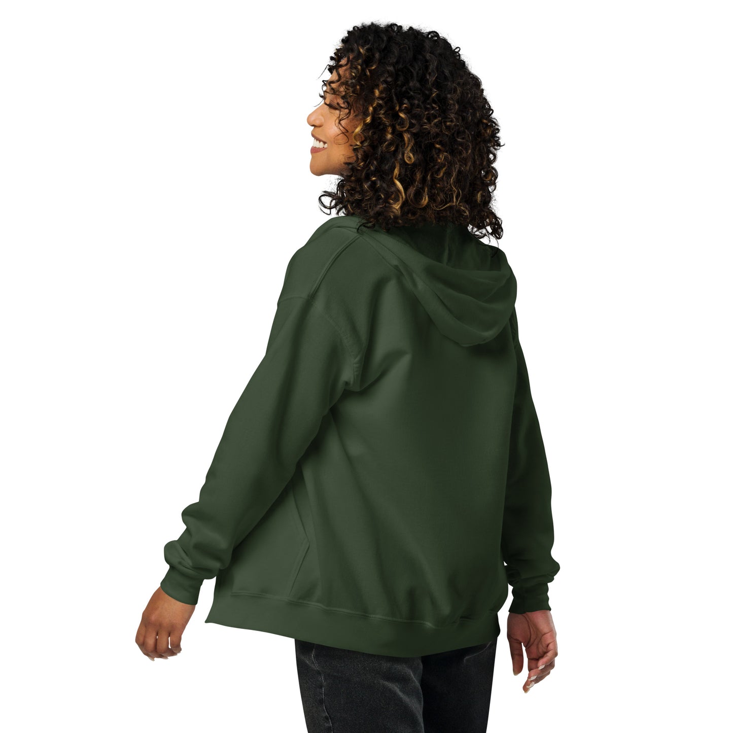 ProudPath Zip Hoodie — forest green, back view, queer-owned PNW Pride apparel