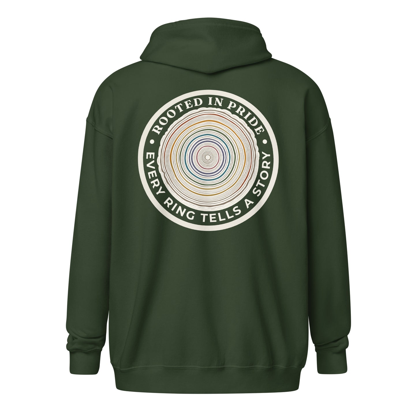 Quiet Rings Zip Hoodie — forest green, back view, queer-owned PNW Pride apparel