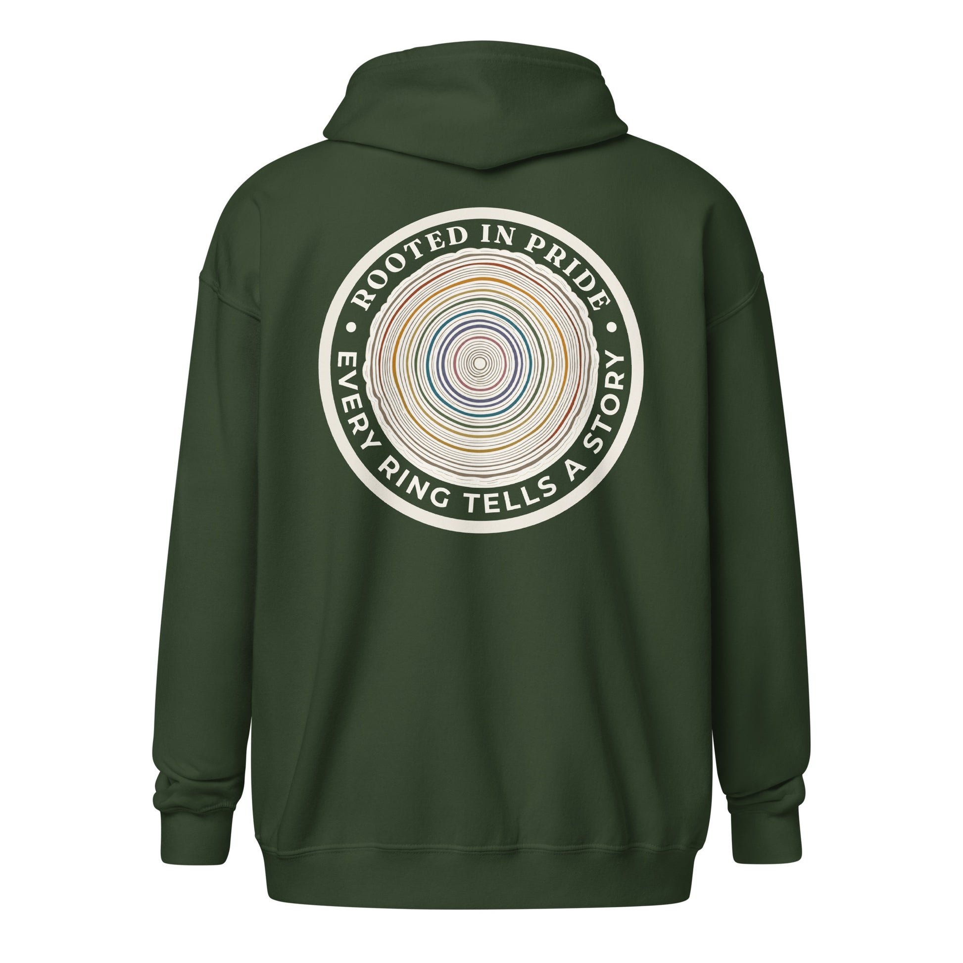 Quiet Rings Zip Hoodie — forest green, back view, queer-owned PNW Pride apparel