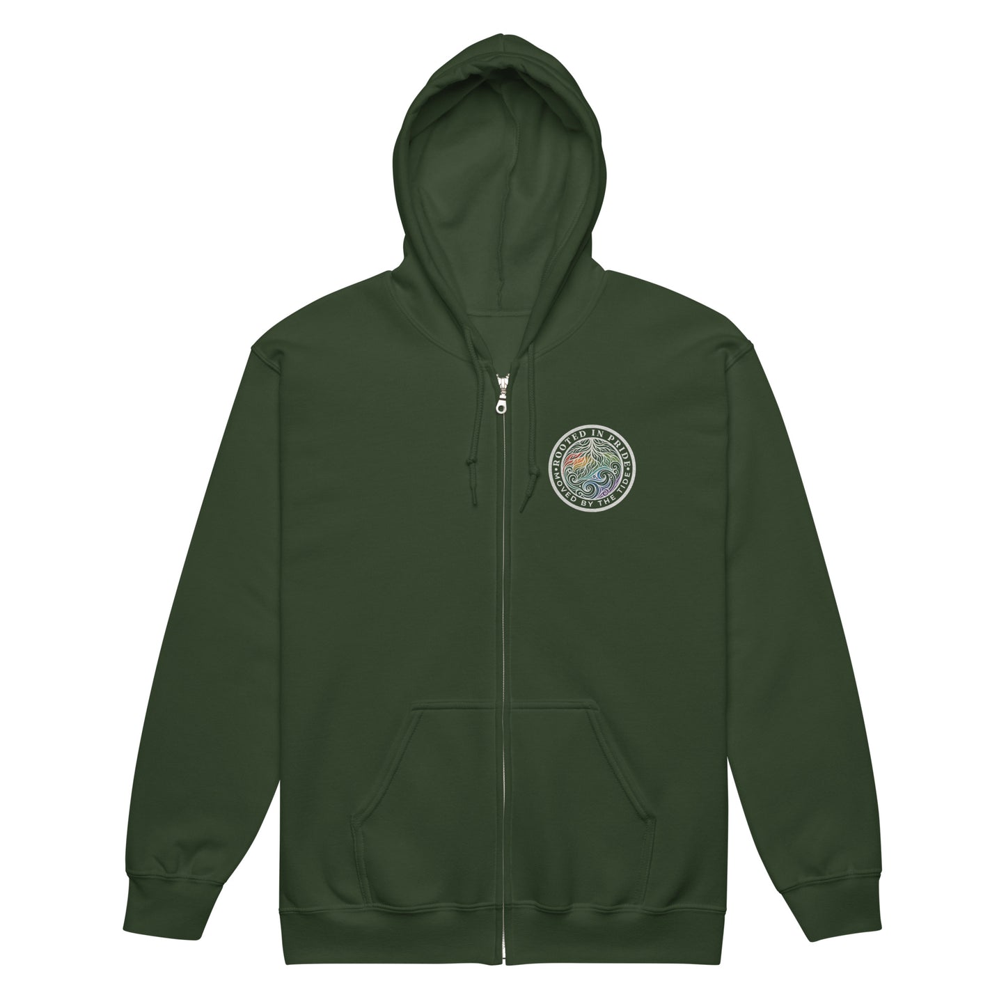 Moved by the Tide Zip Hoodie — forest green, front view, queer-owned PNW Pride apparel