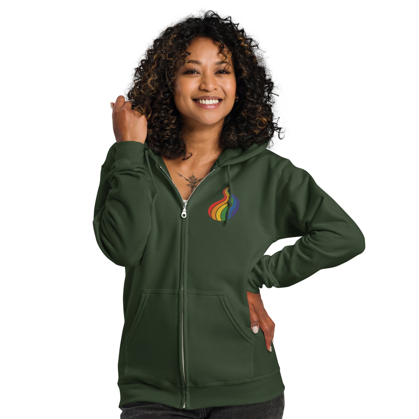 ProudPath Zip Hoodie — forest green, front view, queer-owned PNW Pride apparel