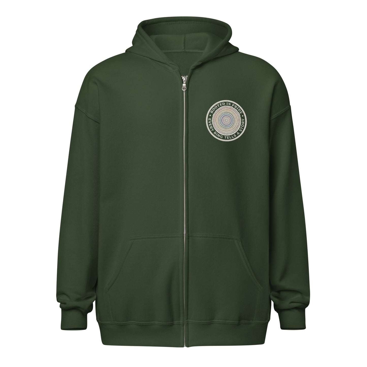 Quiet Rings Zip Hoodie — forest green, front view, queer-owned PNW Pride apparel