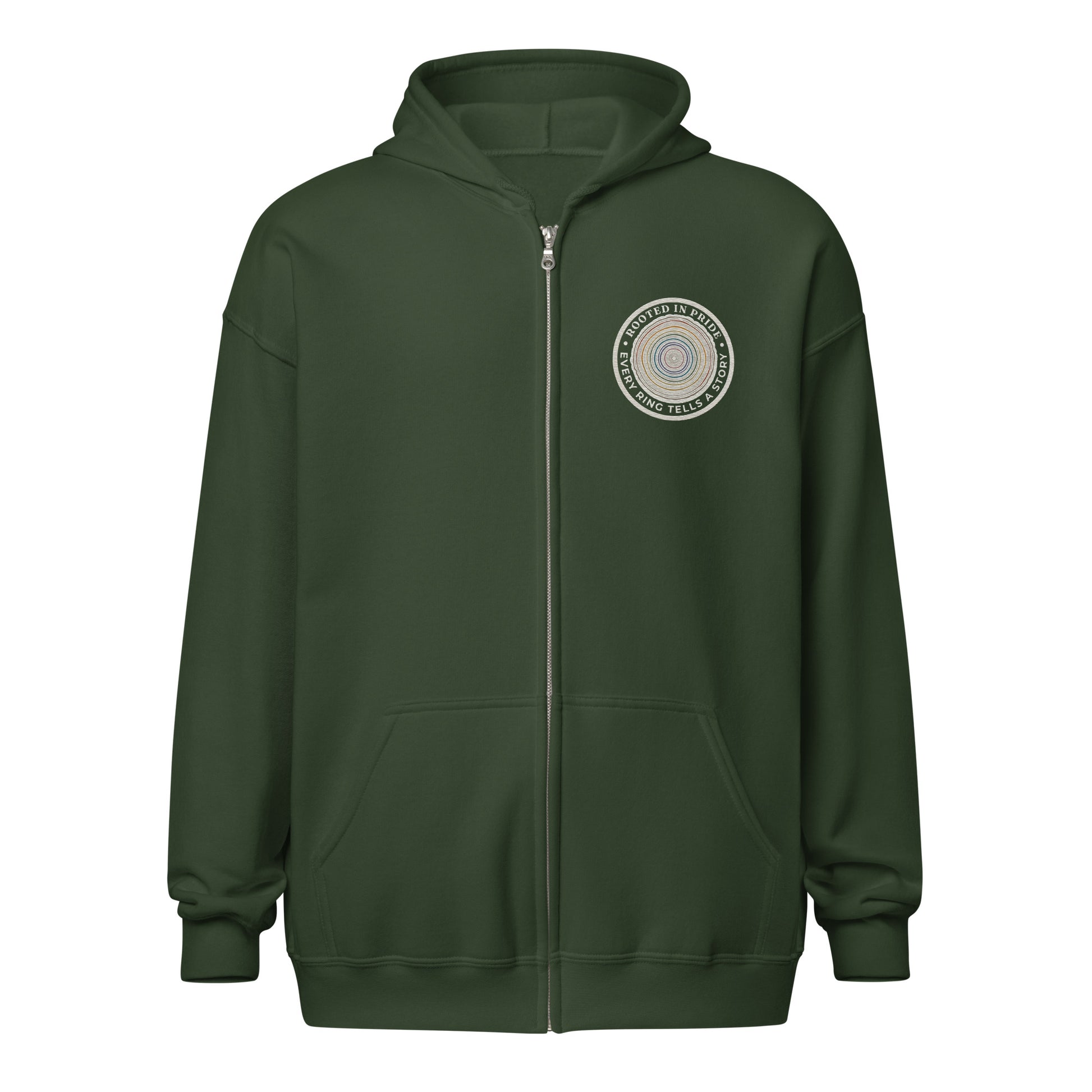 Quiet Rings Zip Hoodie — forest green, front view, queer-owned PNW Pride apparel