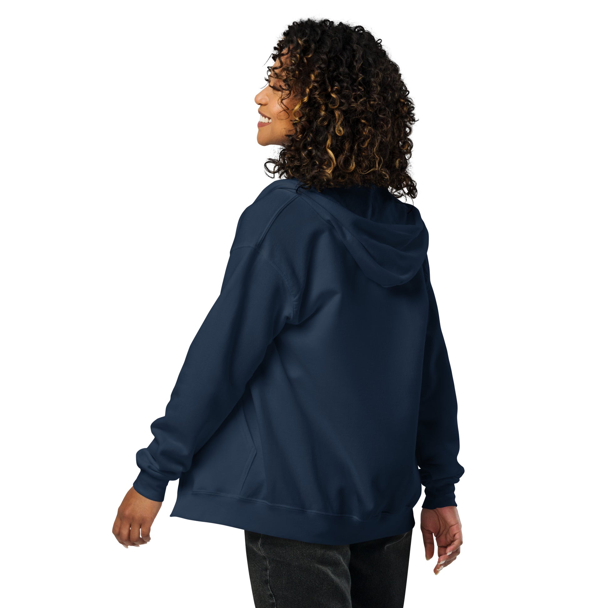 ProudPath Zip Hoodie — navy, back view, queer-owned PNW Pride apparel