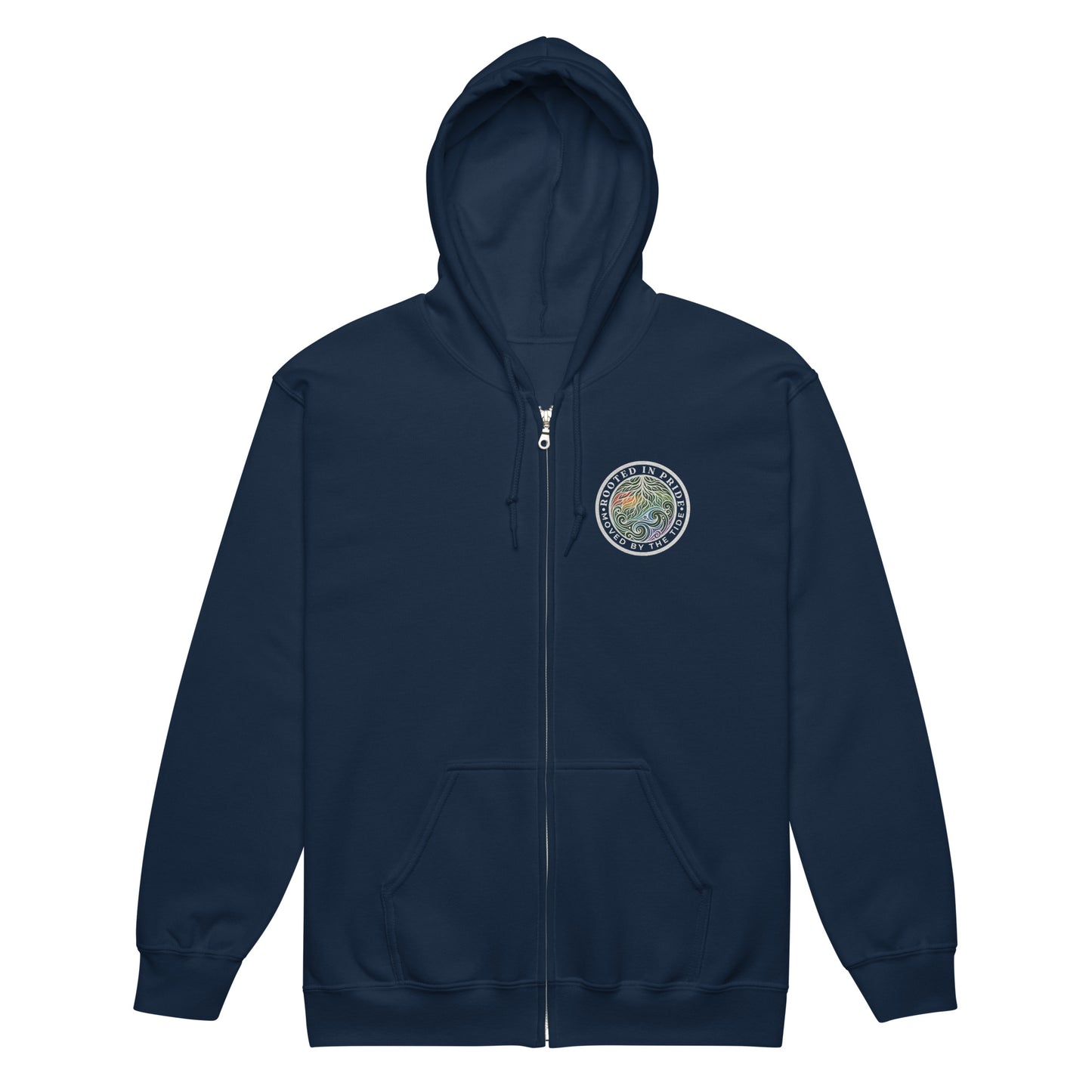 Moved by the Tide Zip Hoodie — navy, front view, queer-owned PNW Pride apparel