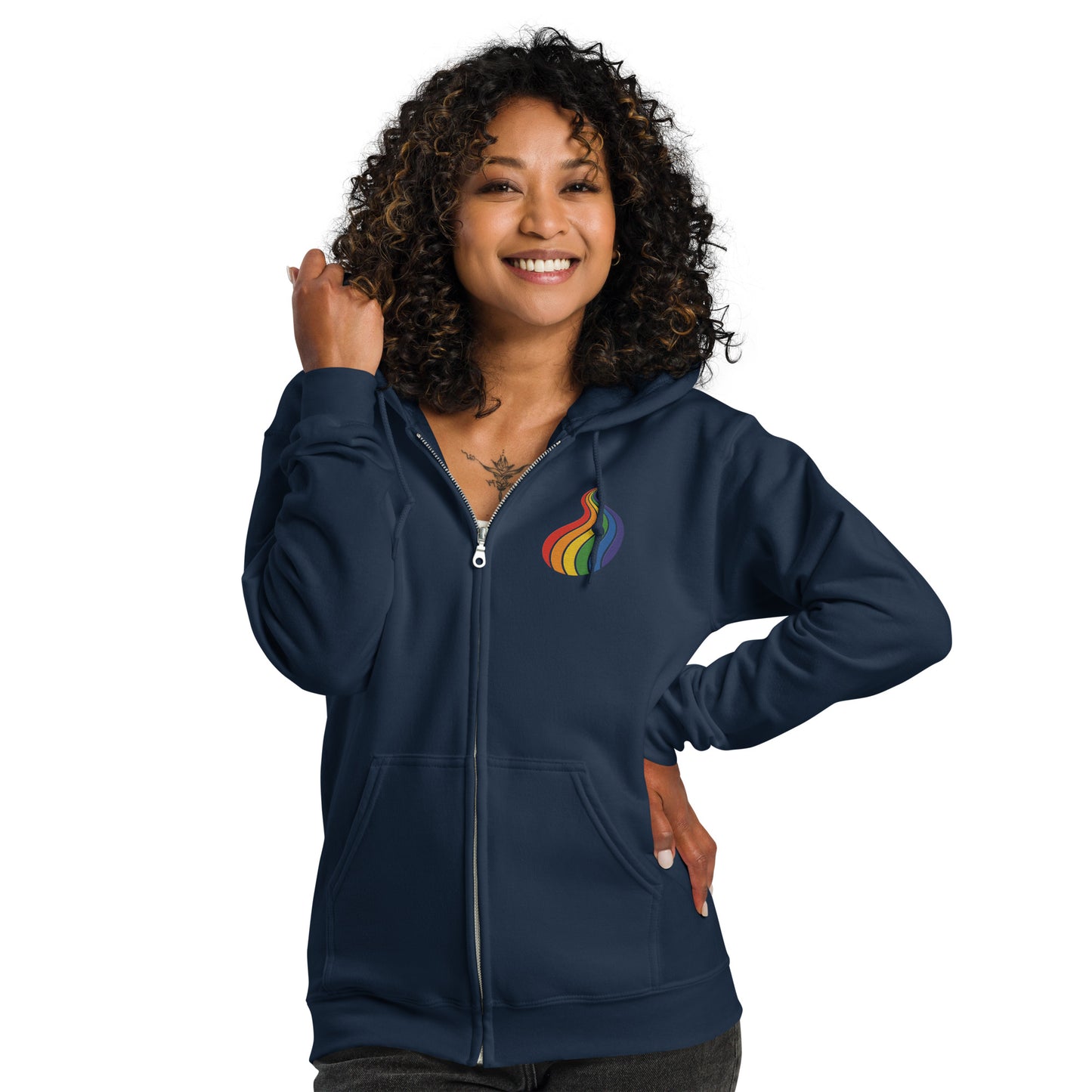 ProudPath Zip Hoodie — navy, front view, queer-owned PNW Pride apparel
