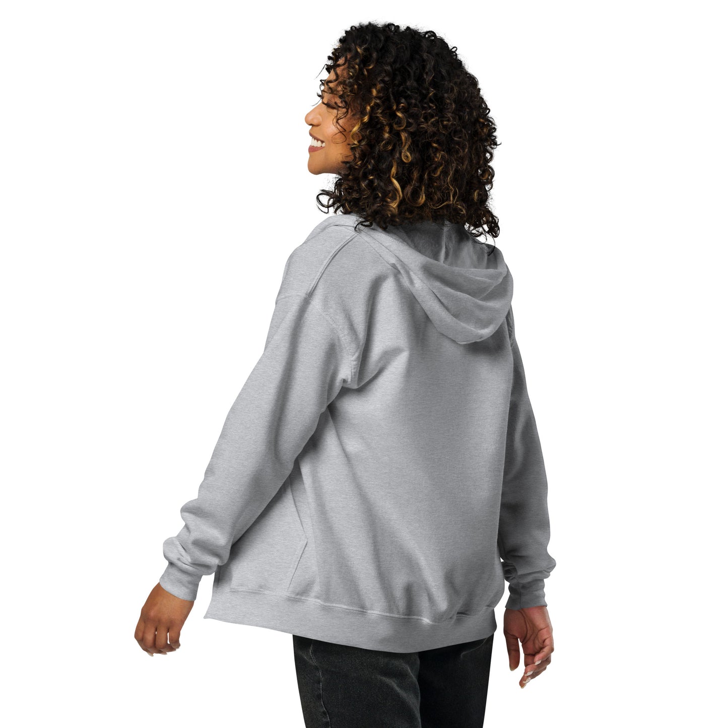 ProudPath Zip Hoodie — sport grey, back view, queer-owned PNW Pride apparel