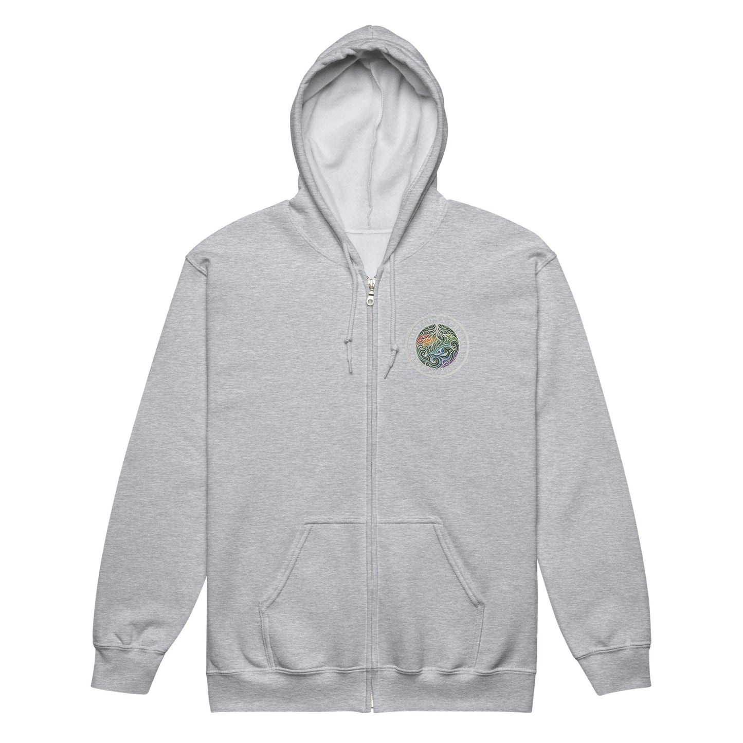 Moved by the Tide Zip Hoodie — sport grey, front view, queer-owned PNW Pride apparel