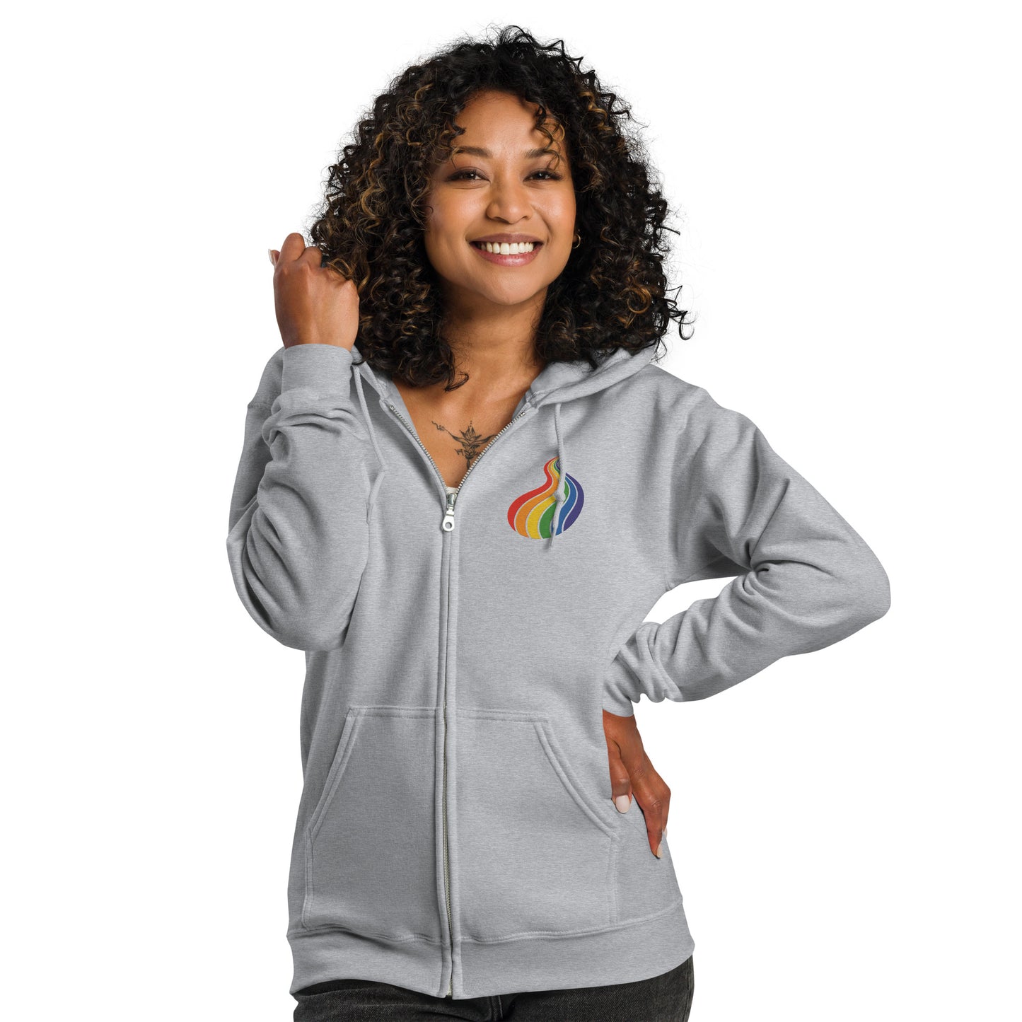 ProudPath Zip Hoodie — sport grey, front view, queer-owned PNW Pride apparel