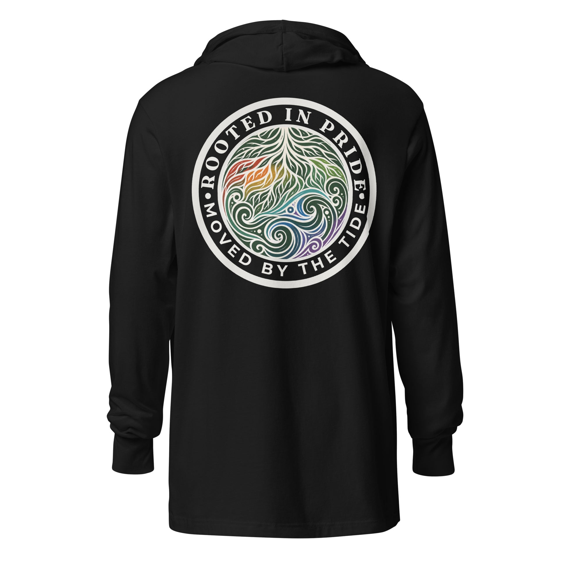 Moved by the Tide Hooded Long Sleeve Tee — black, back view, queer-owned PNW Pride apparel