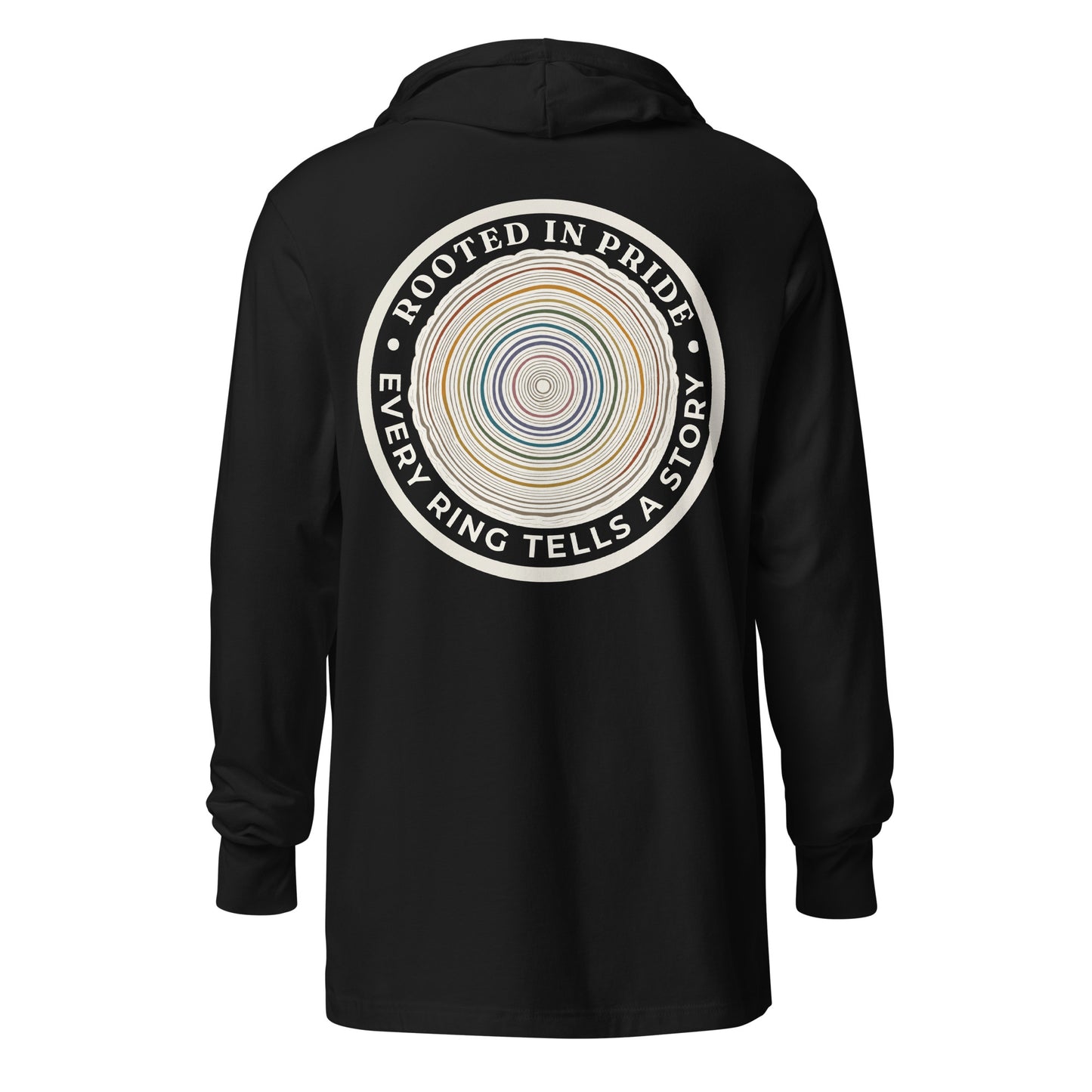 Quiet Rings Hooded Long Sleeve Tee — black, back view, queer-owned PNW Pride apparel