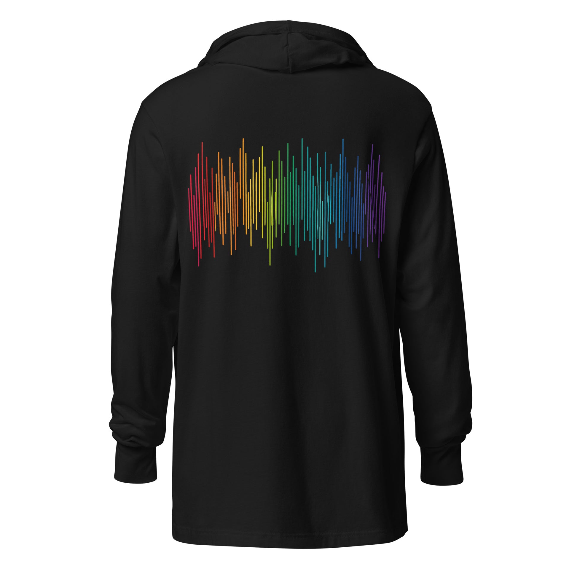 PrideFall Hooded Long Sleeve Tee — black, back view, queer-owned PNW Pride apparel