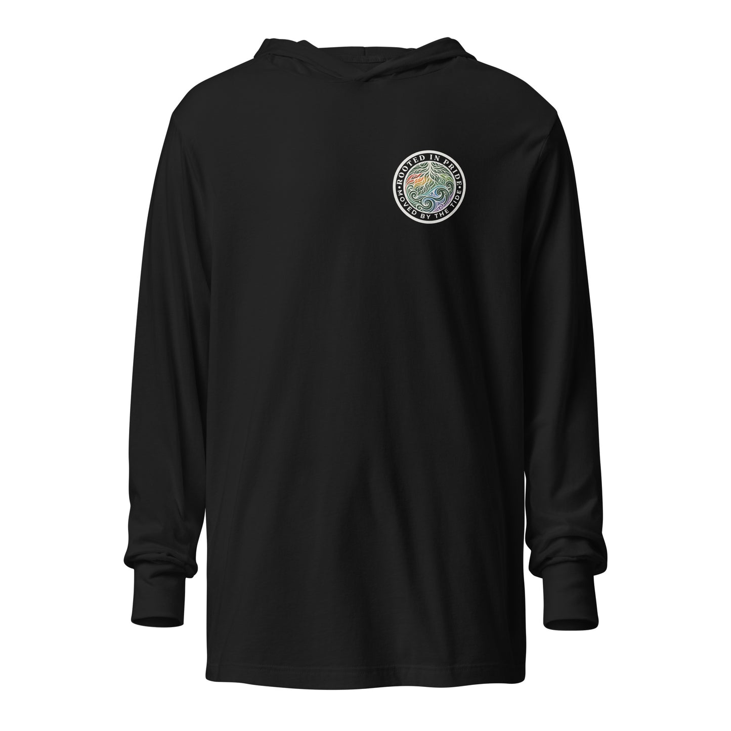 Moved by the Tide Hooded Long Sleeve Tee — black, front view, queer-owned PNW Pride apparel
