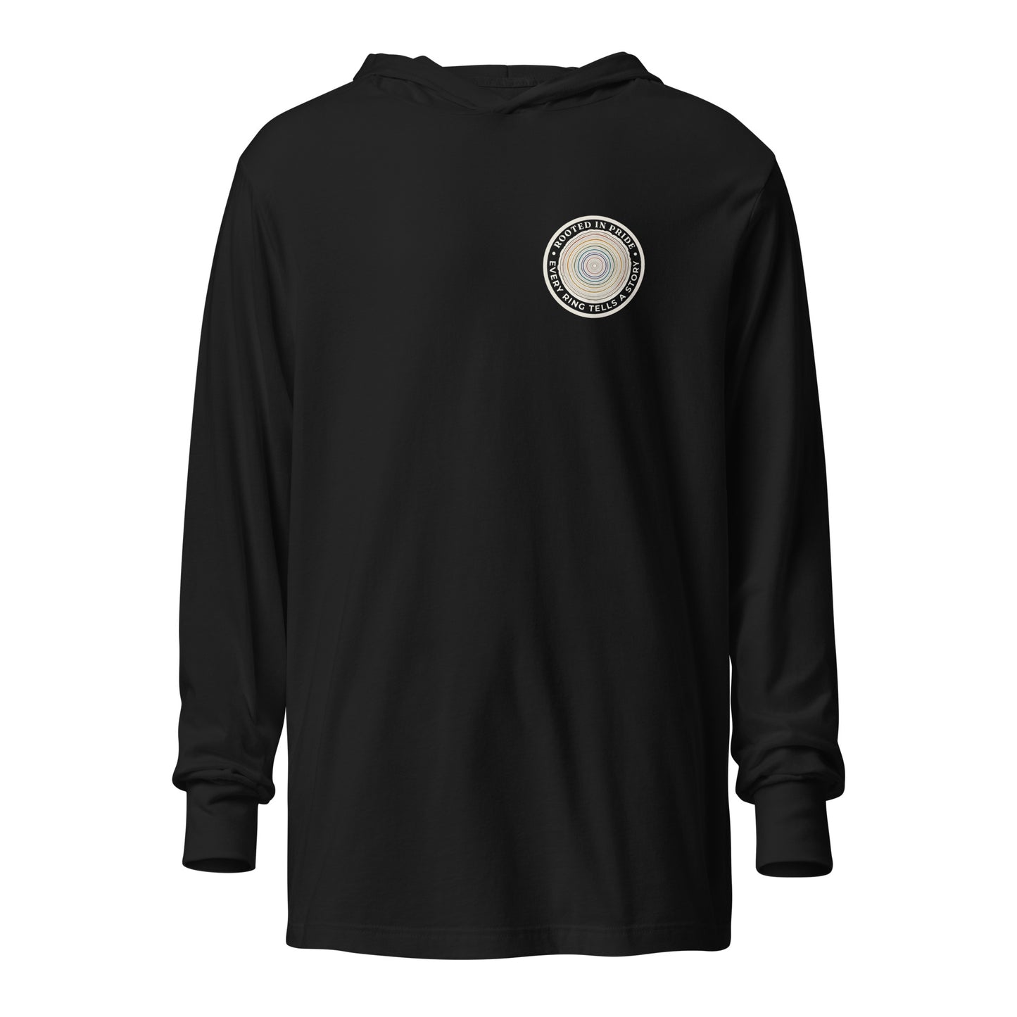 Quiet Rings Hooded Long Sleeve Tee — black, front view, queer-owned PNW Pride apparel