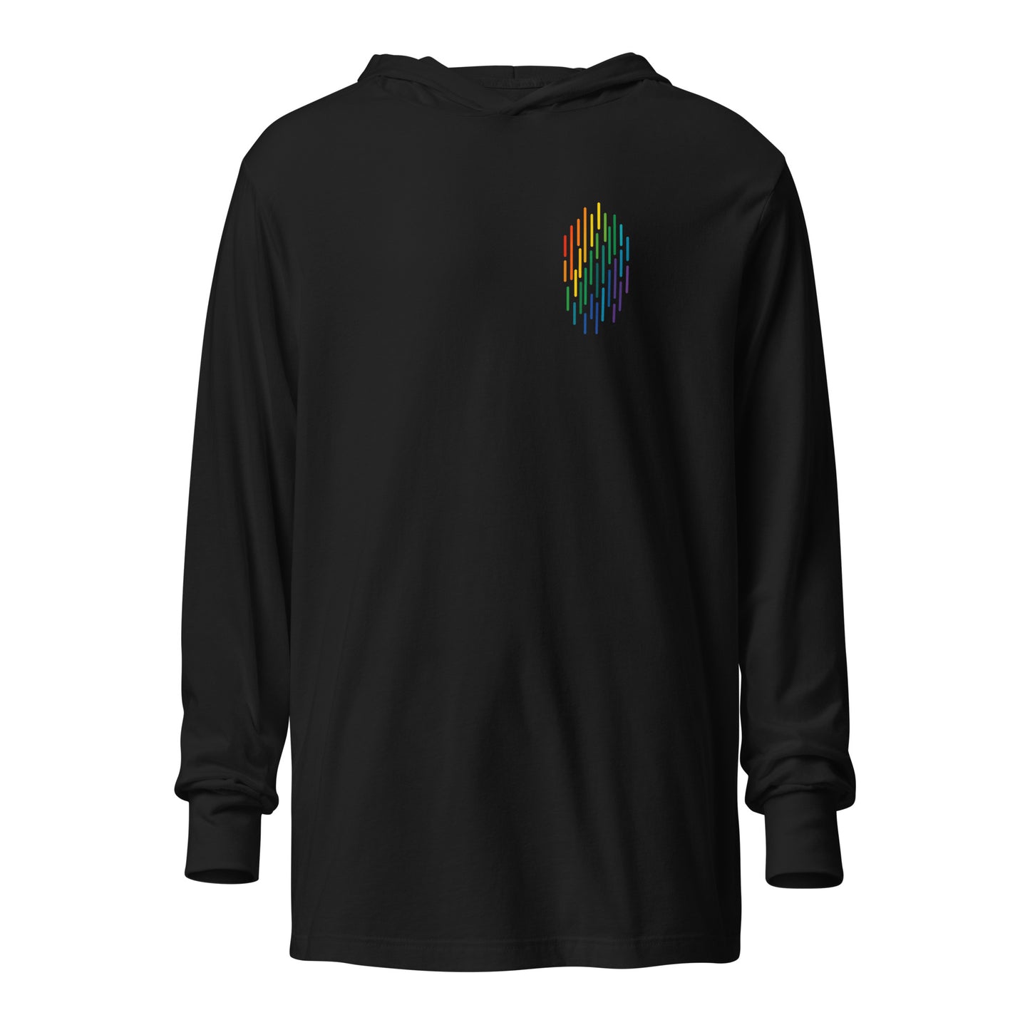 PrideFall Hooded Long Sleeve Tee — black, front view, queer-owned PNW Pride apparel