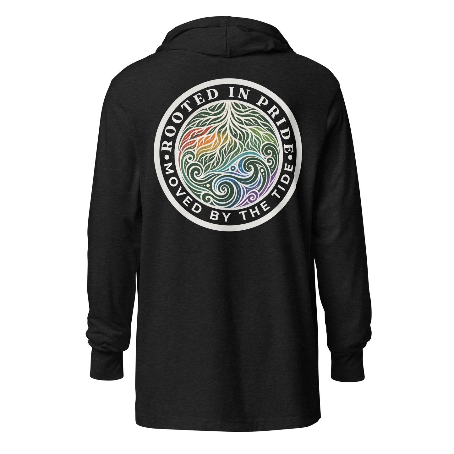 Moved by the Tide Hooded Long Sleeve Tee — charcoal black triblend, back view, queer-owned PNW Pride apparel