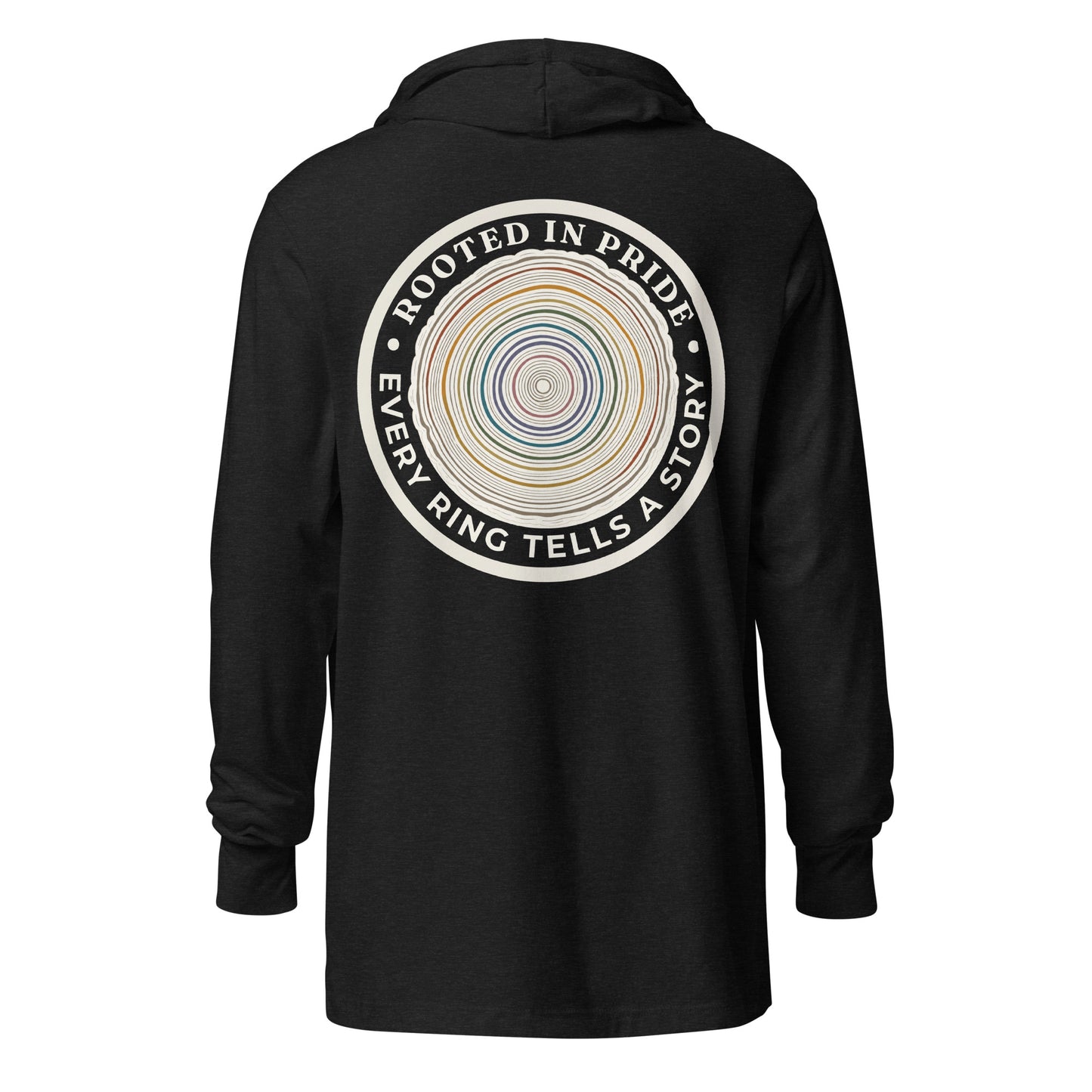Quiet Rings Hooded Long Sleeve Tee — charcoal black triblend, back view, queer-owned PNW Pride apparel