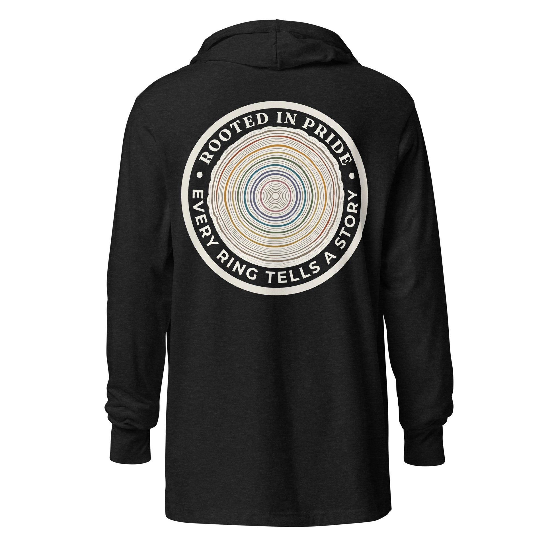 Quiet Rings Hooded Long Sleeve Tee — charcoal black triblend, back view, queer-owned PNW Pride apparel