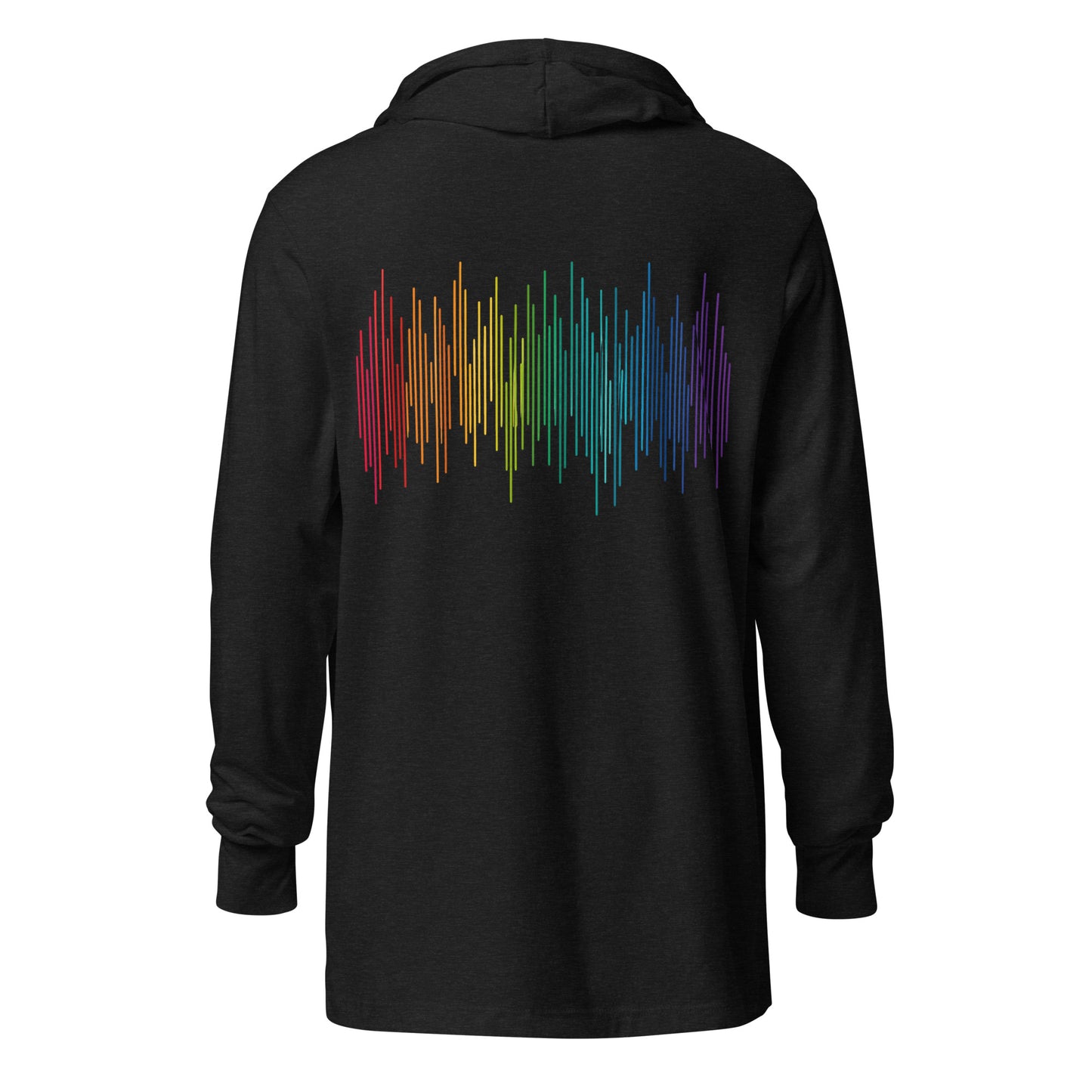PrideFall Hooded Long Sleeve Tee — charcoal black triblend, back view, queer-owned PNW Pride apparel