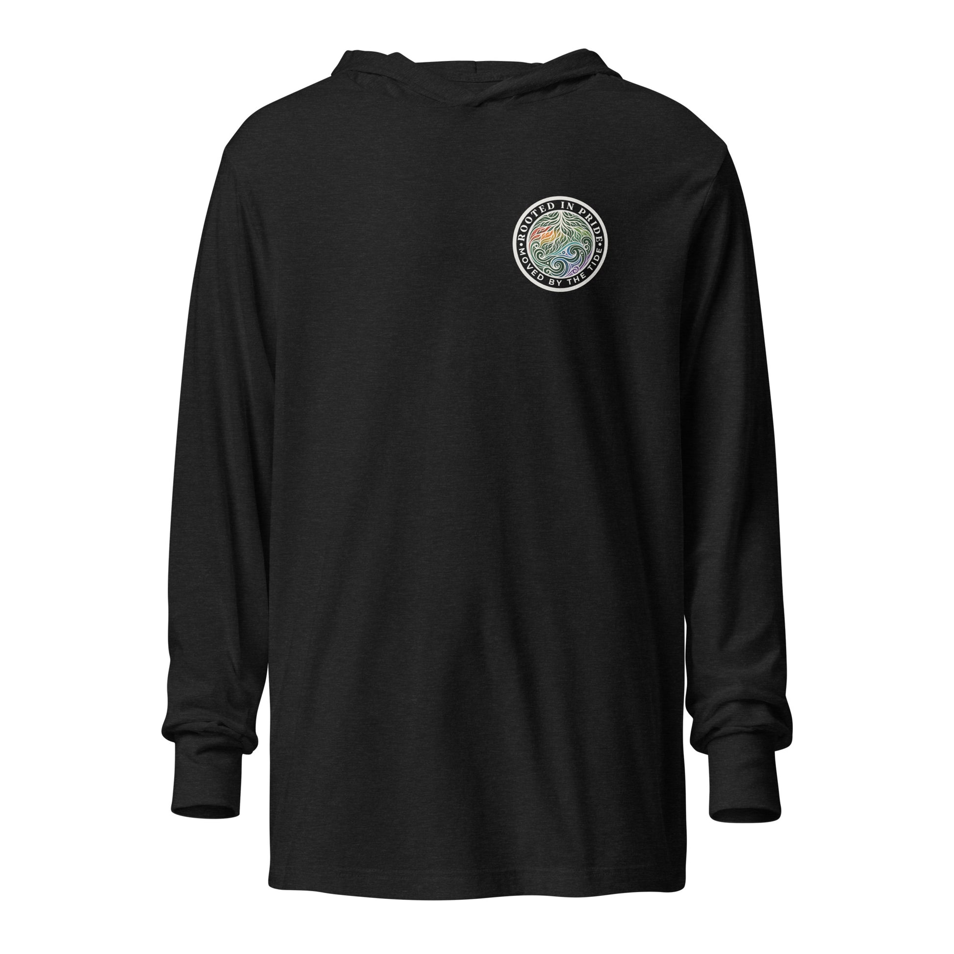 Moved by the Tide Hooded Long Sleeve Tee — charcoal black triblend, front view, queer-owned PNW Pride apparel