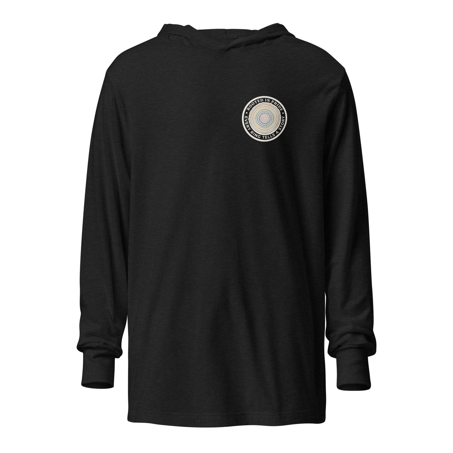 Quiet Rings Hooded Long Sleeve Tee — charcoal black triblend, front view, queer-owned PNW Pride apparel