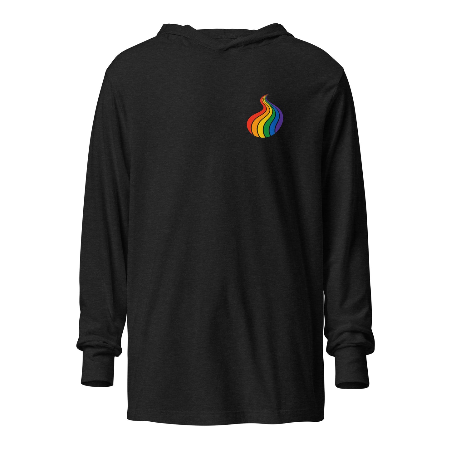 ProudPath Hooded Long Sleeve Tee — charcoal black triblend, front view, queer-owned PNW Pride apparel