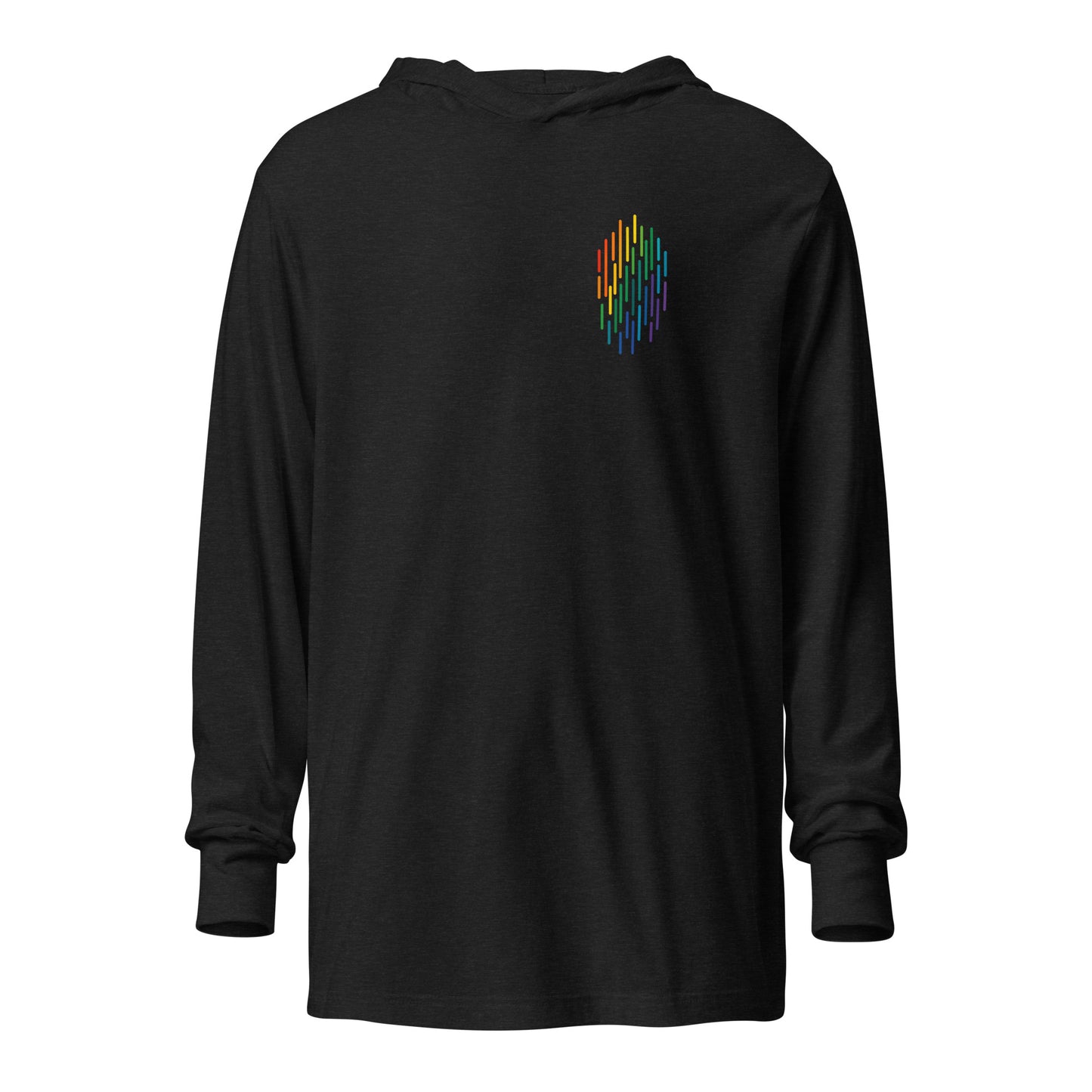 PrideFall Hooded Long Sleeve Tee — charcoal black triblend, front view, queer-owned PNW Pride apparel