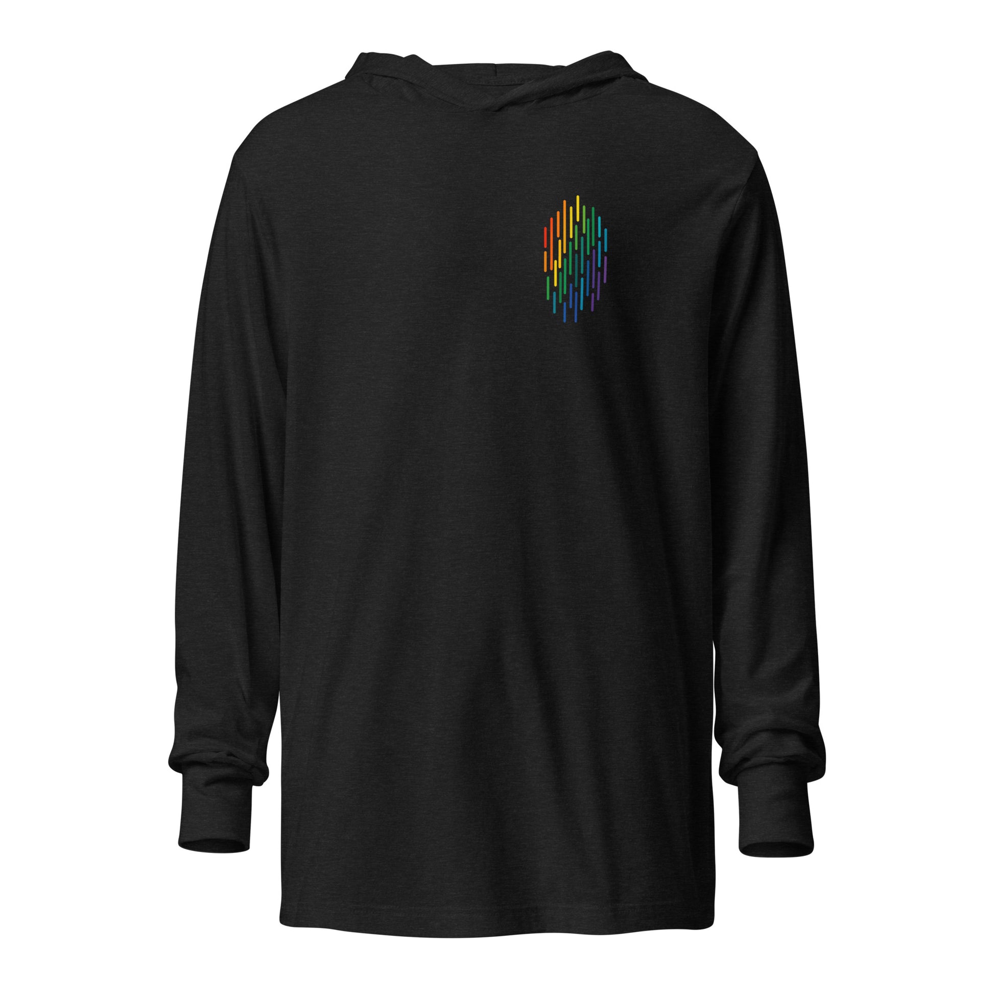 PrideFall Hooded Long Sleeve Tee — charcoal black triblend, front view, queer-owned PNW Pride apparel